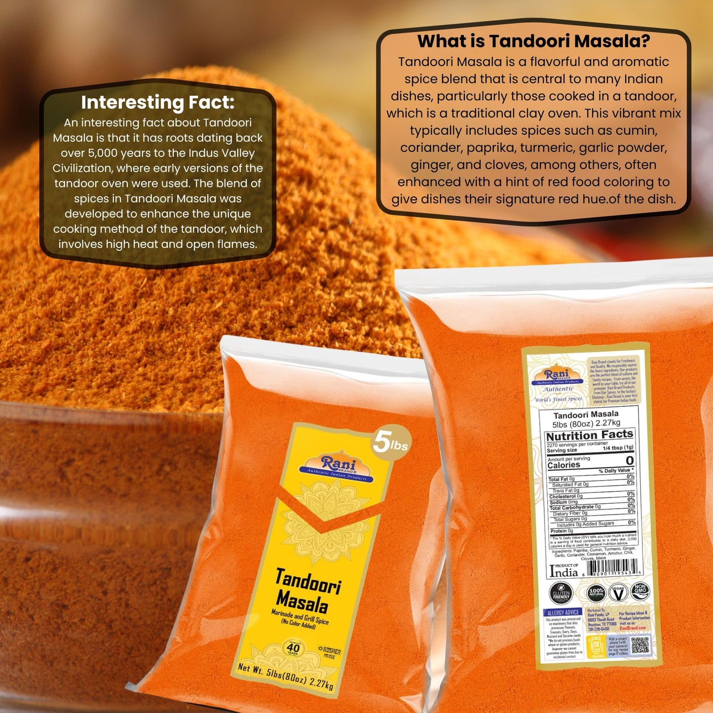 Rani Tandoori Masala (Natural, No Colors Added) Indian 11-Spice Blend 80Oz (5Lbs) 2.27Kg Bulk ~ Salt Free | Vegan | Gluten Frien
