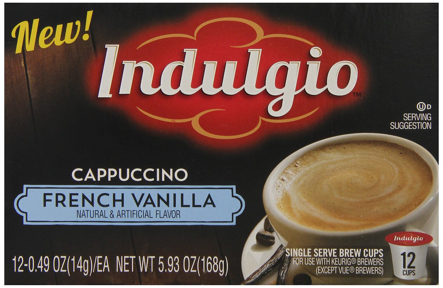 Indulgio Cappuccino Pods, French Vanilla, 12-Count Single Serve Cups for Keurig K-Cup malt-inspired, White
