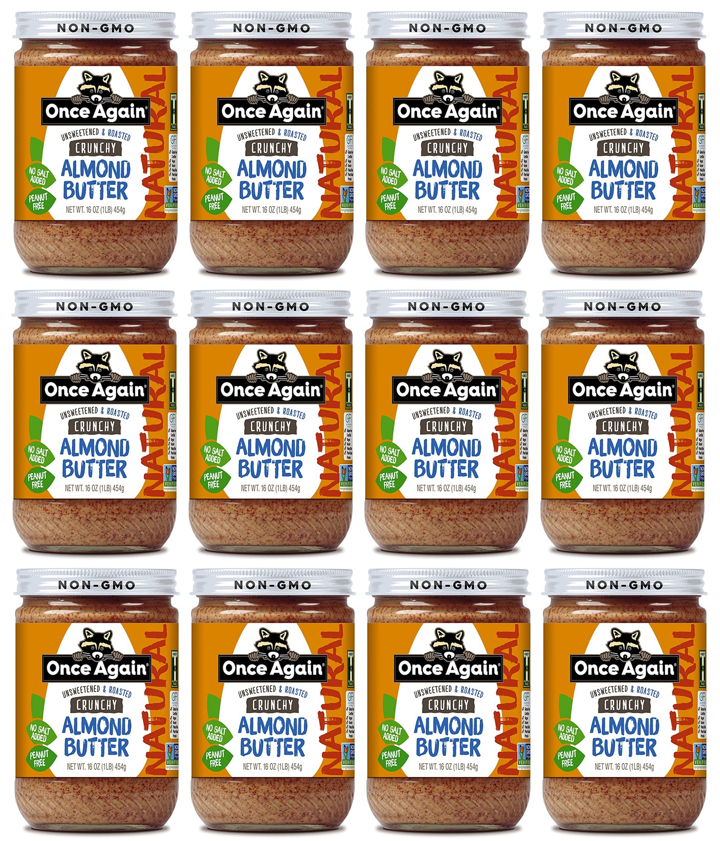 Once Again Natural Crunchy Almond Butter, 16oz - Roasted - Salt Free, Unsweetened - Gluten Free Certified, Peanut Free, Vegan, K