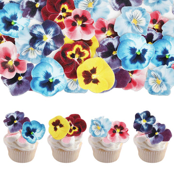 60 PCS Edible Flowers Cupcake Toppers Edible Spring Bridal Engagement Pansies Cake Decorations Wafer Paper Flowers Cupcake Picks