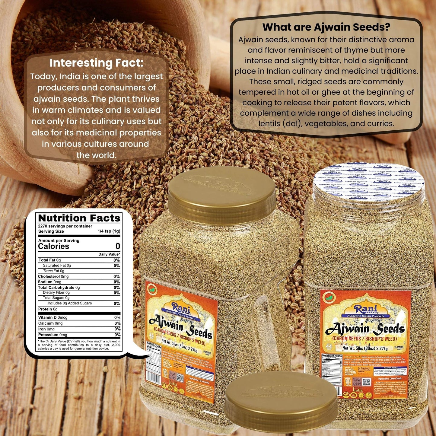 Rani Ajwain Seeds (Carom) Whole Spice - 5lbs (80oz) Bulk PET Jar, All Natural, Vegan, Gluten Friendly, NON-GMO, Kosher