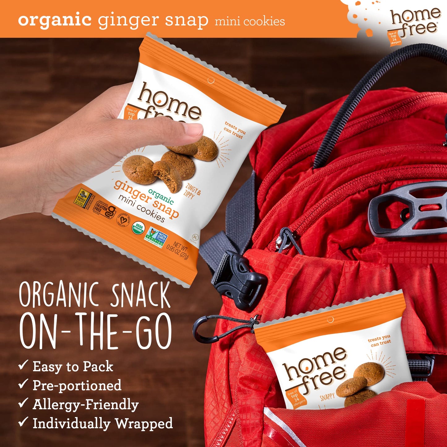 Homefree Mini Ginger Snap Cookies, Organic, Gluten Free, Nut Free, Vegan, Individually Wrapped Packs, School Safe and Allergy Fr