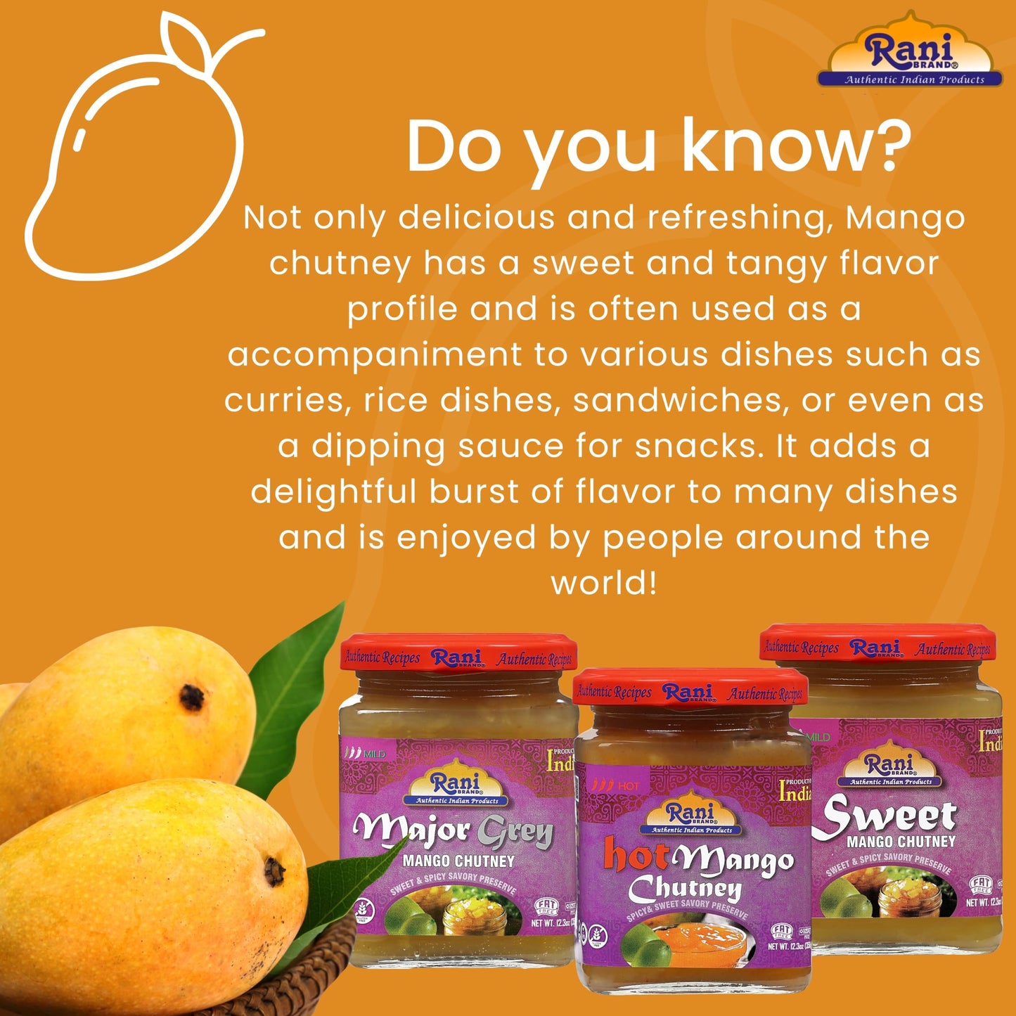 Rani 3-In-1 Mango Chutney (Hot, Sweet, Major Grey) 12.3Oz (350G) Glass Jar, Ready To Eat, Vegan ~ Gluten Free, All Natural, Non-
