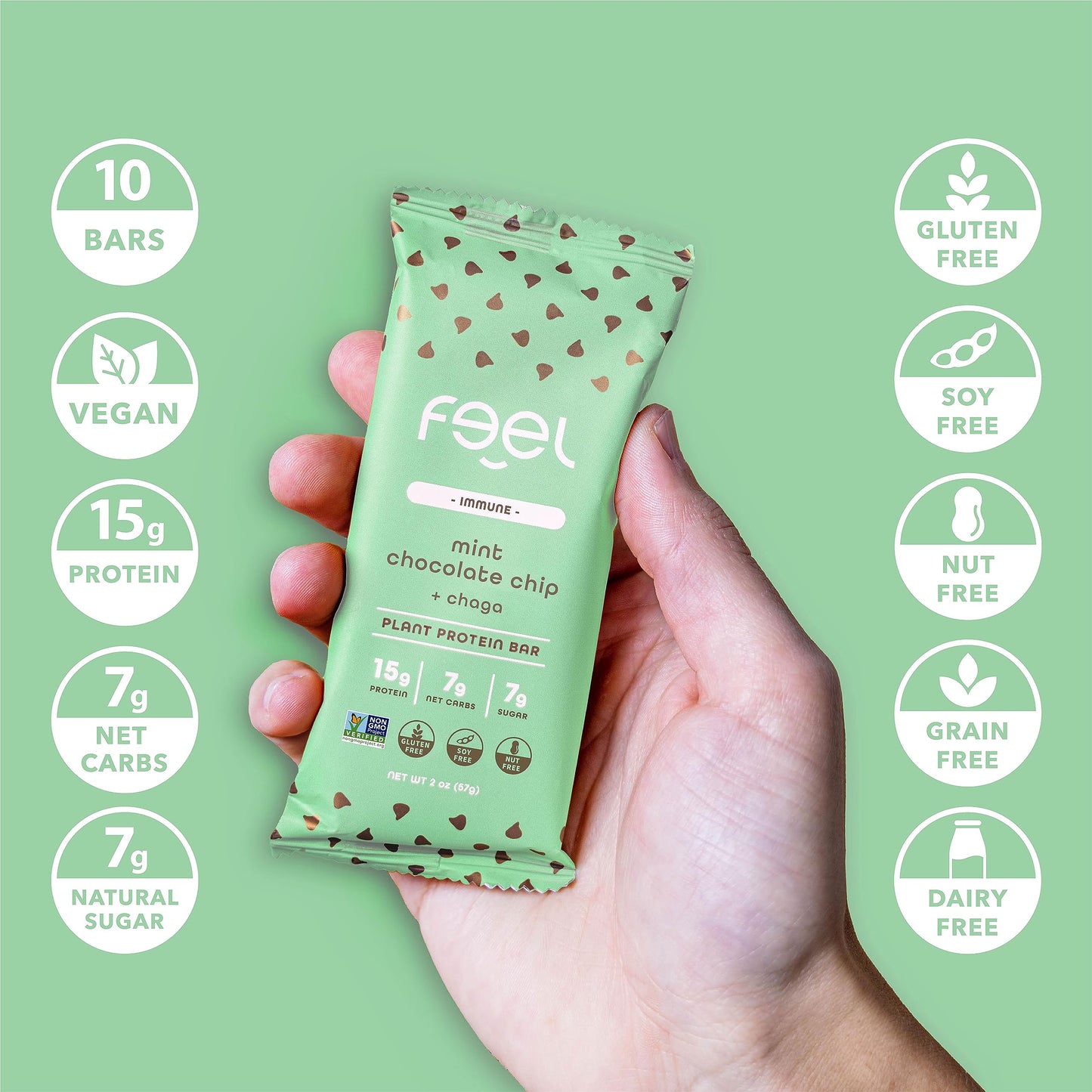 Feel Vegan Protein Bars | Mint Chocolate Chip | Keto | Gluten Free | Organic | Chaga Mushroom | 15G Plant Protein | Low Carb | High Protein | Dairy Free | Low Sugar | Grain Free | Nut Free | Soy Free
