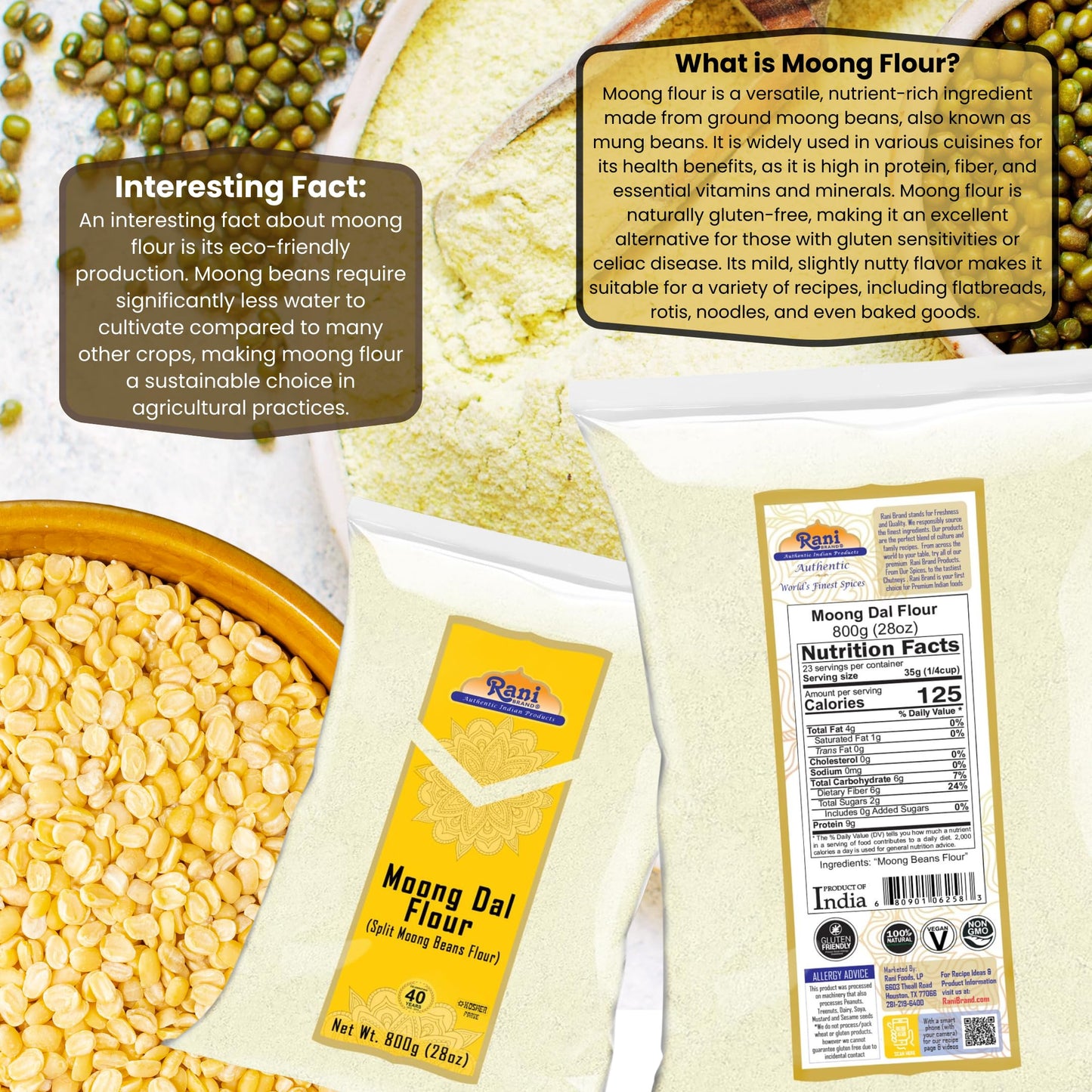 Rani Moong Flour, Mung Bean Flour, Vegan, Gluten Friendly, 28oz (800g), Non-GMO, Kosher, Indian Origin