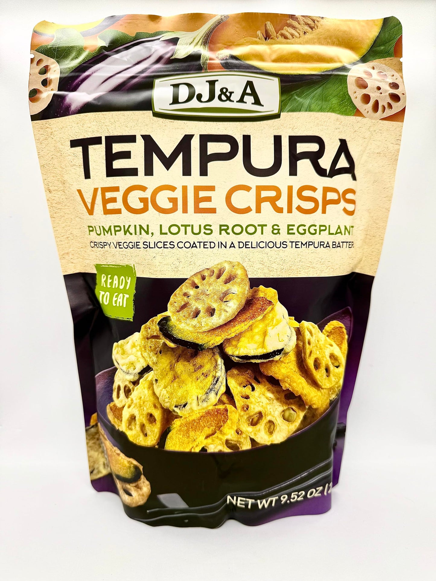 Tempura Veggie Crisps by DJ&A, Crafted From Pumpkin, Lotus Root & Eggplant, No GMO, No Artificial Flavors or Preservatives, 270g
