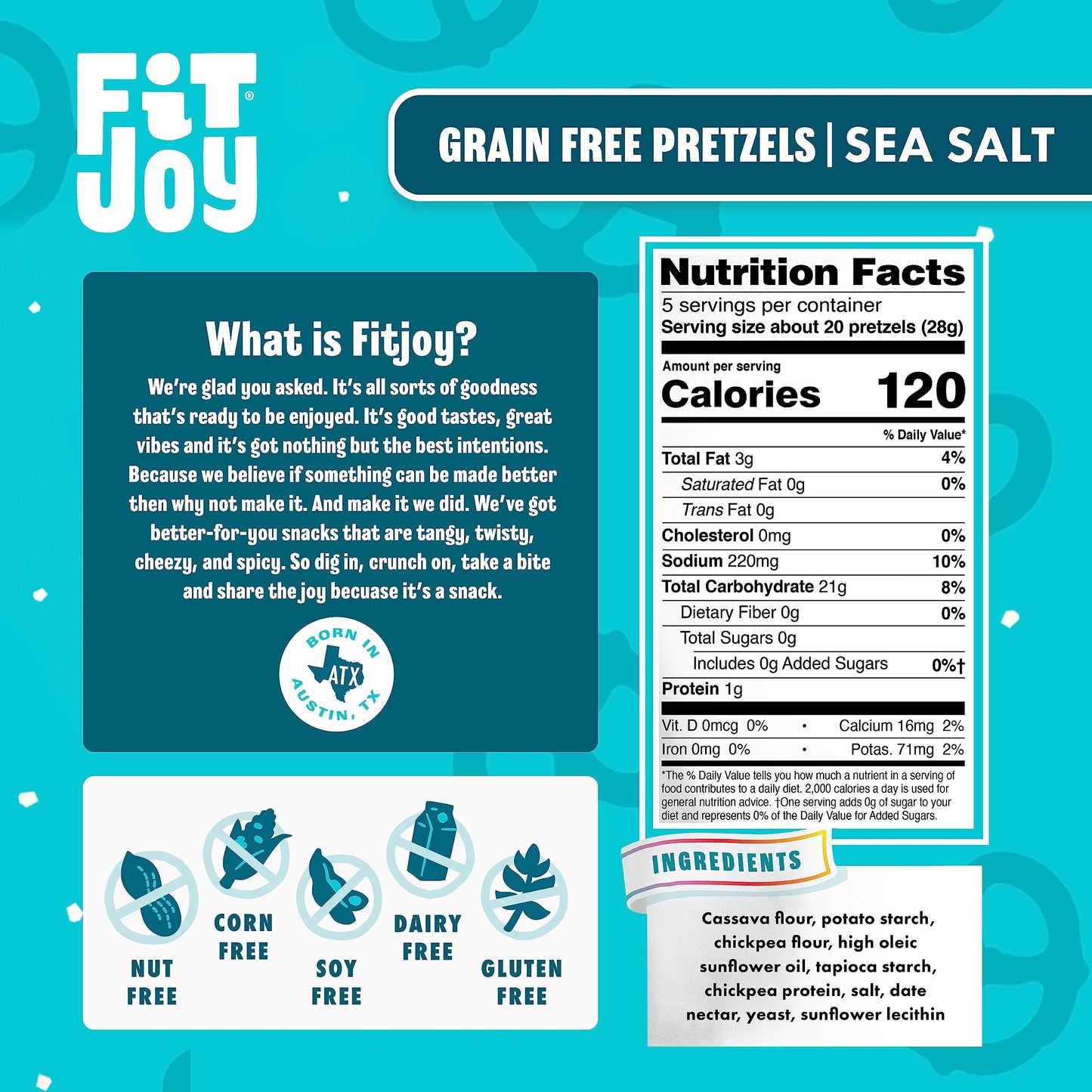 FitJoy Sea Salt Pretzels (Pack of 6, 5 Oz) - Dairy, Nut & Gluten Free Snacks - Grain Free Cassava Root & Chickpea Flour Vegan Pr