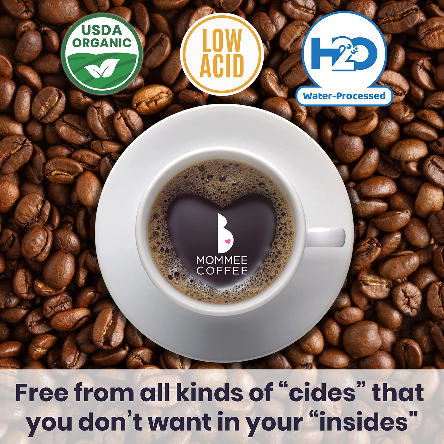 Mommee Coffee - Full Caf | Low Acid, Organic, Fair Trade, Water Processed | Whole Bean, 22Oz.