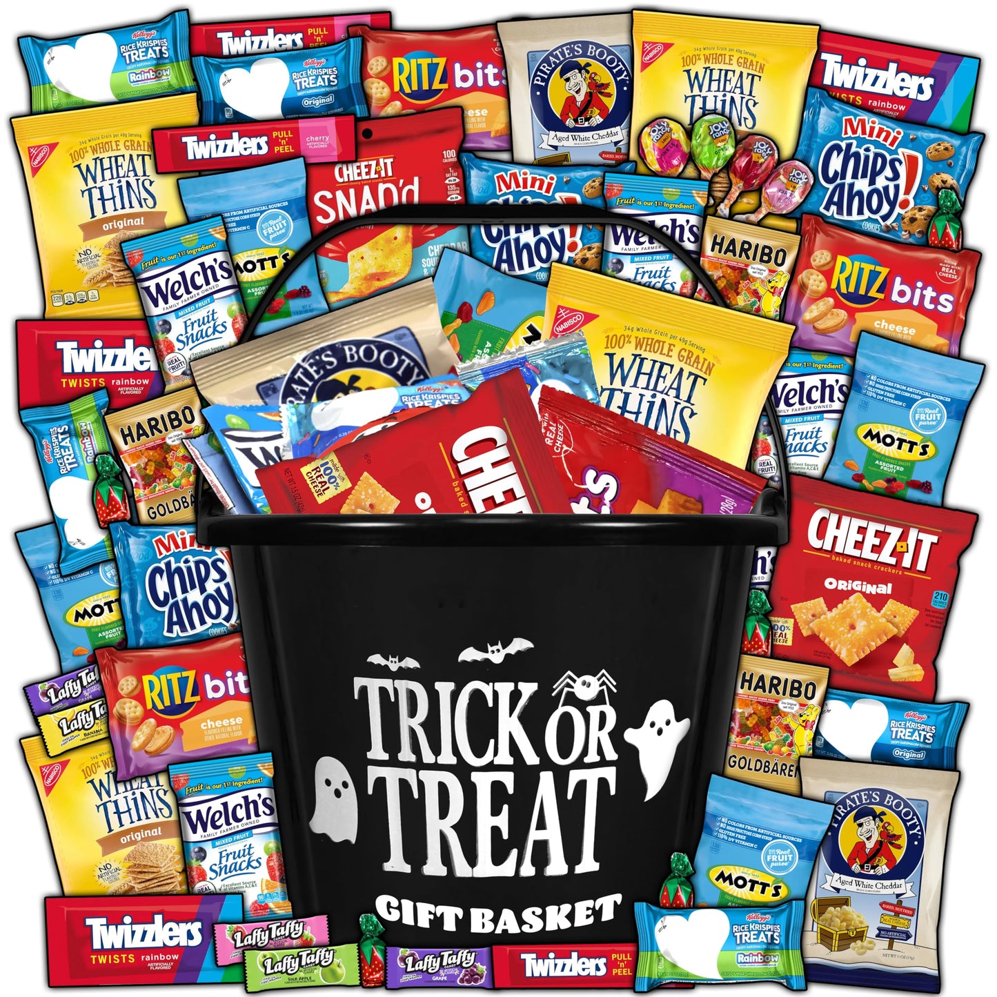 Halloween Basket Gift Care Package - 45 Count Snack Bucket Filled With Assorted Candy, Chocolates &   For Trick-Or-Treat, Classroom Parties, Office Events & Family Fun - Black