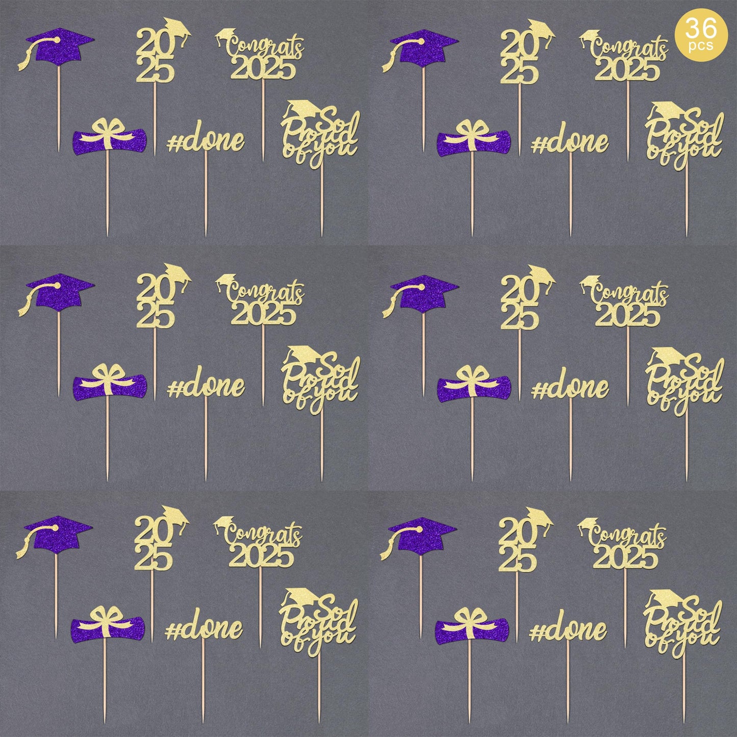36 Pcs Class Of 2025 Graduation Cupcake Toppers, Gold & Purple Glitter Double-Sided Grad Cap Cake Picks For Party Supplies, 2025
