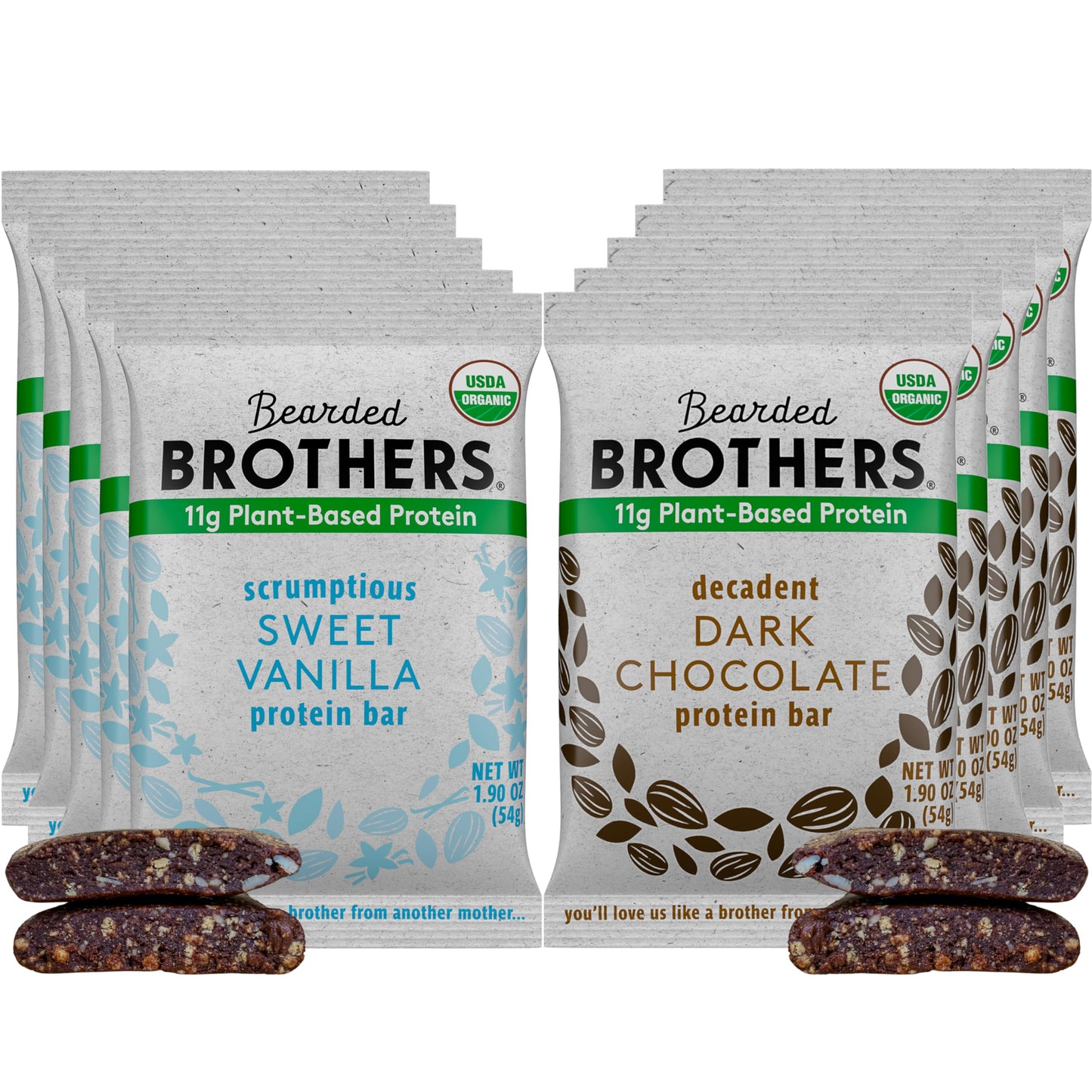 Bearded Brothers Organic Protein Bars, Dark Chocolate And Vanilla (10 Pack) - Plant Based Protein, Gluten Free, Vegan