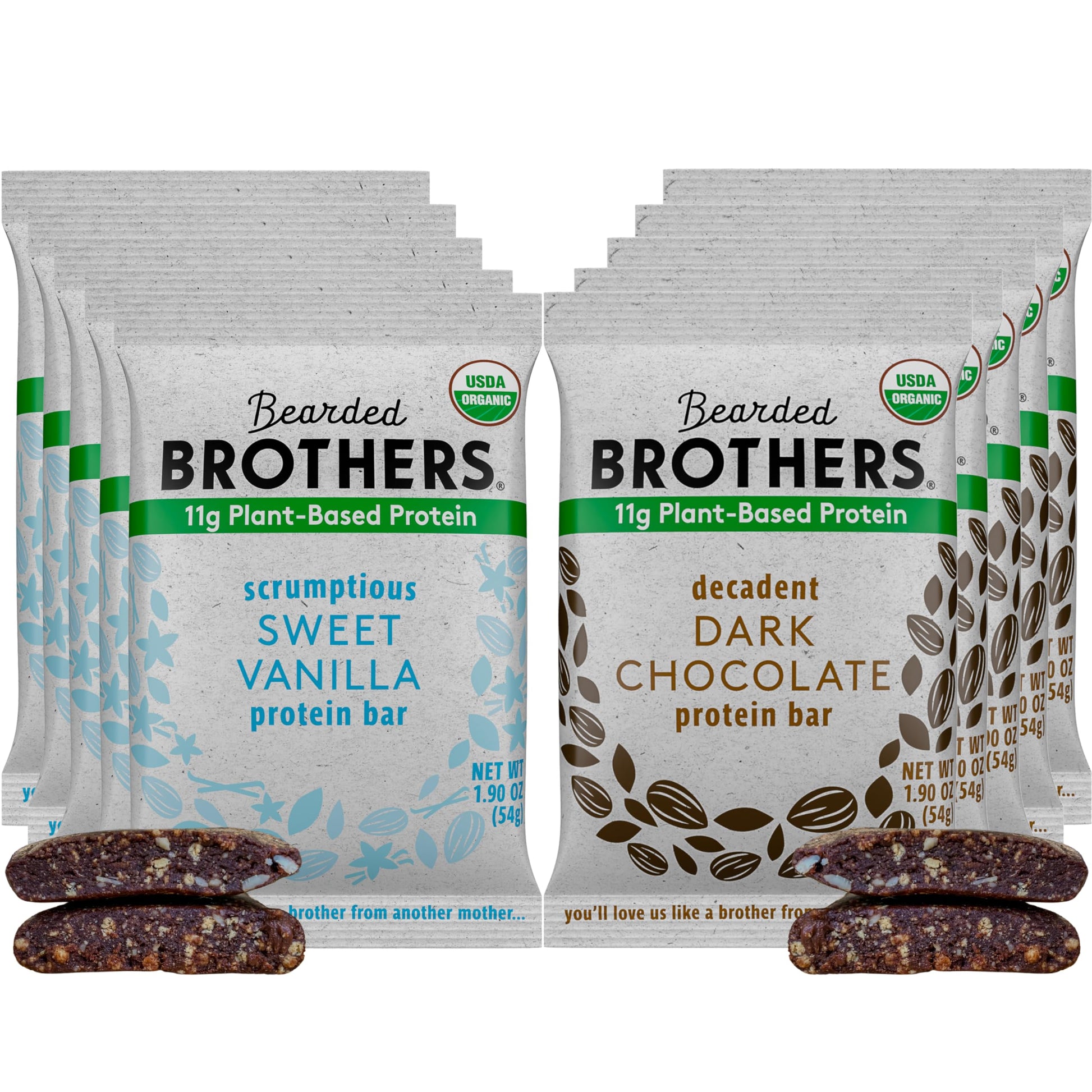 Bearded Brothers Organic Protein Bars, Dark Chocolate And Vanilla (10 Pack) - Plant Based Protein, Gluten Free, Vegan