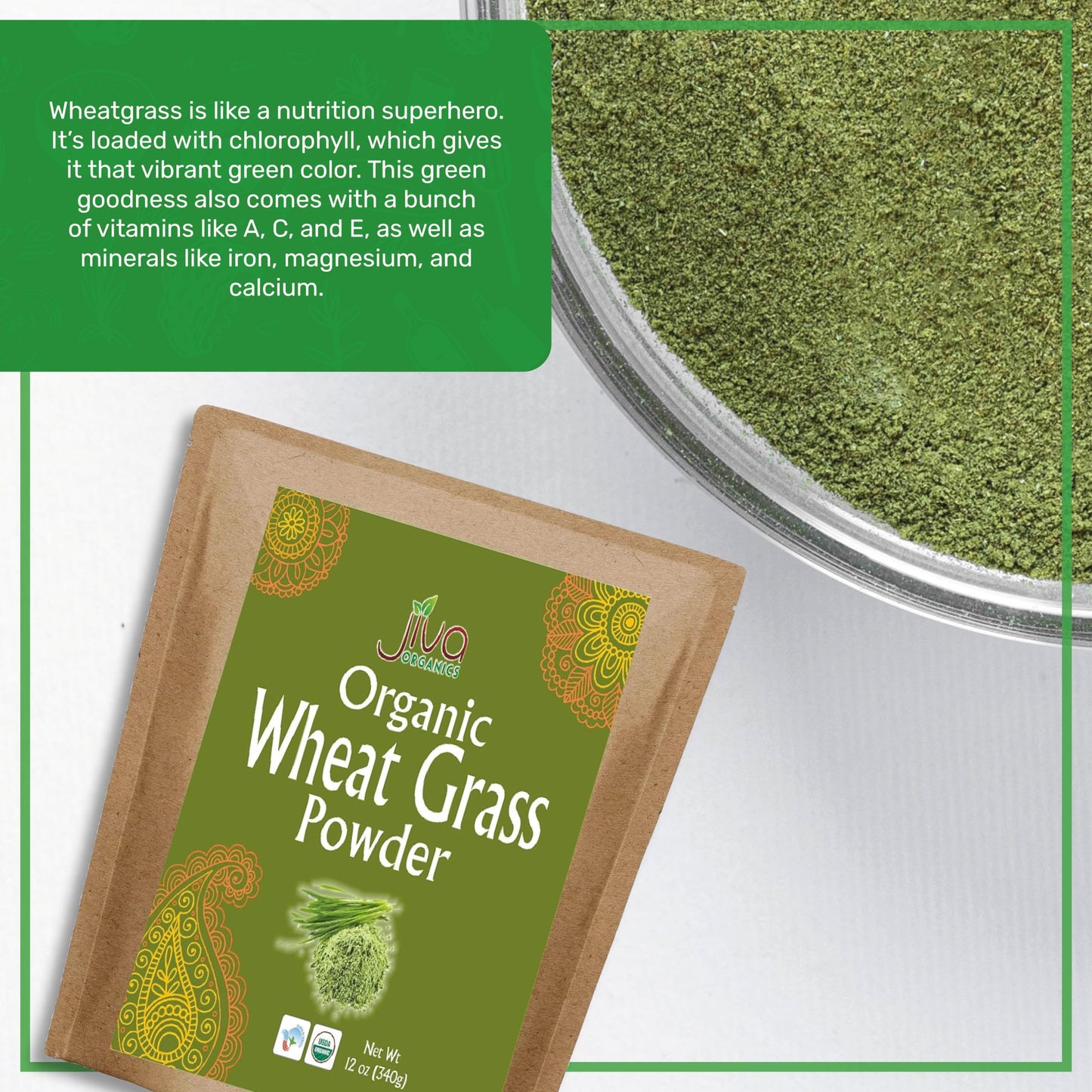 Jiva Organics Wheatgrass Juice Powder - Non-GMO, Vegan, 12 Ounce Bulk Kraft Bag