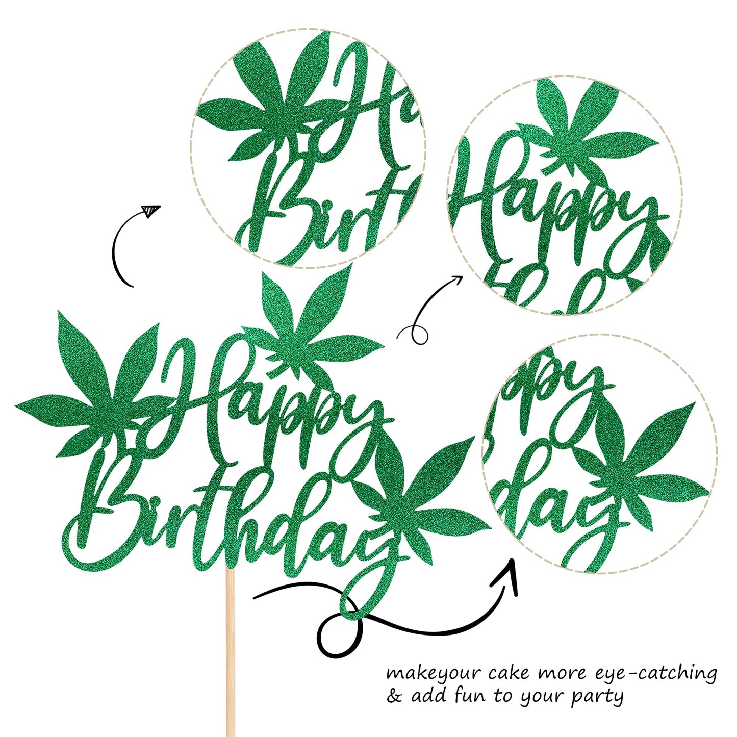 ZHUOWEISM Happy Birthday Cake Topper - Green Glitter Pot   Leaves, Small, Design 5