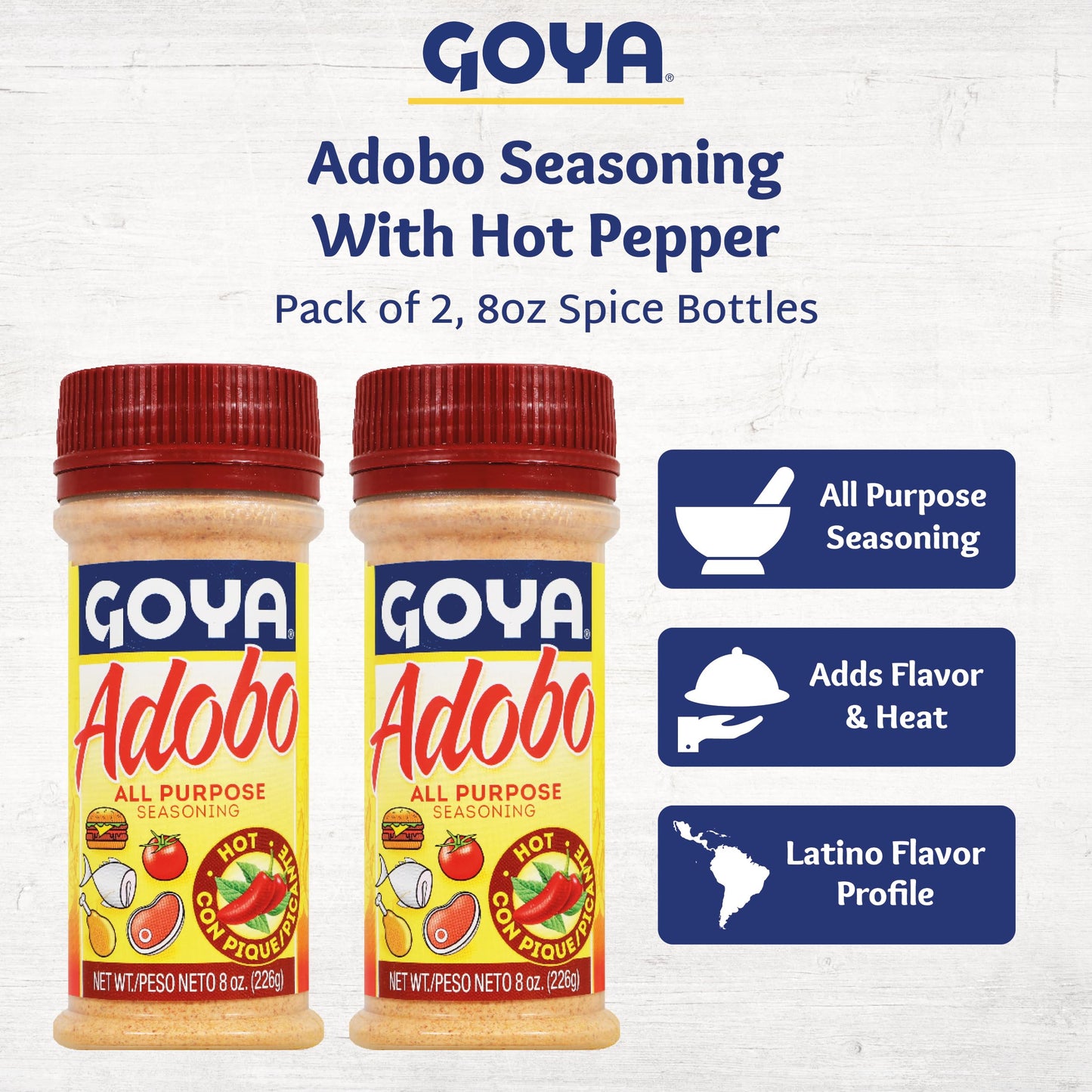 Adobo All Purpose Seasoning With Hot Pepper By Goya, Poultry, Seafood, Meat, And Vegetable Seasoning, Fat Free And Calorie Free Latin Spice Blend, Mexican Seasoning, Pack Of 2, 8Oz. Bottles