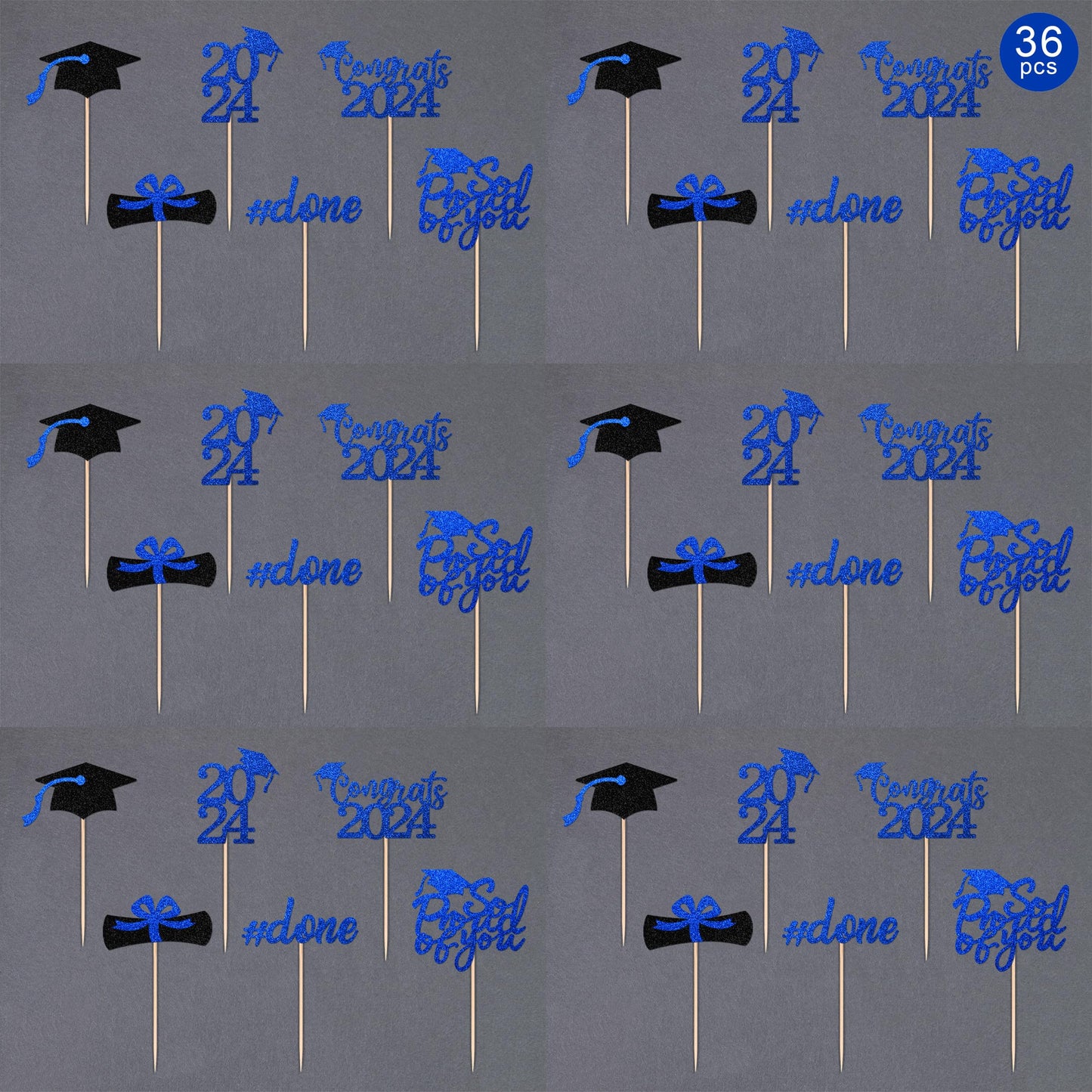 Gexolenu 36 Pcs Class Of 2024 Graduation Cupcake Toppers, Blue Glitter Double-Sided Grad Cap Cake Toppers For Graduation Party S
