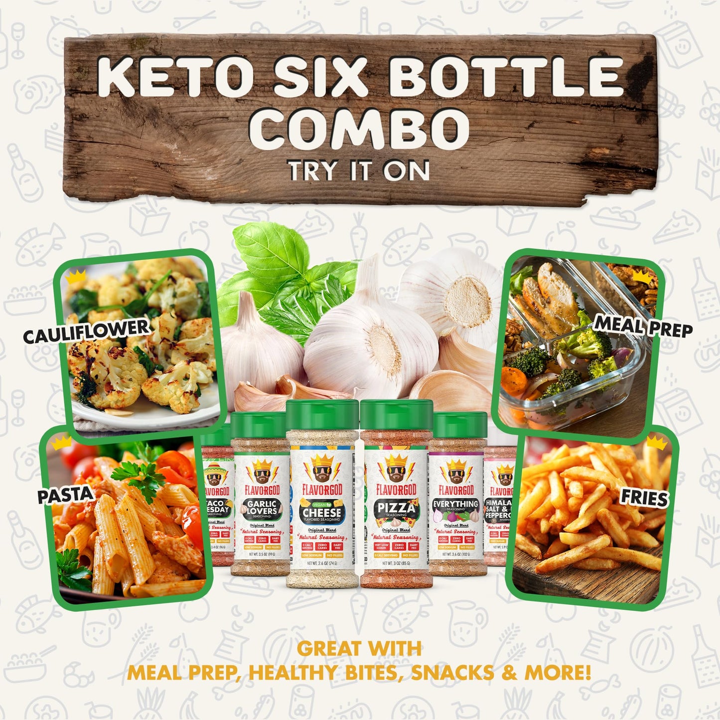 Flavor God Keto Combo Pack - Premium All Natural Spice Blend, Pack of 6 (Garlic Lovers, Taco Tuesday, Nacho Cheese, Pizza, Himalayan Salt)