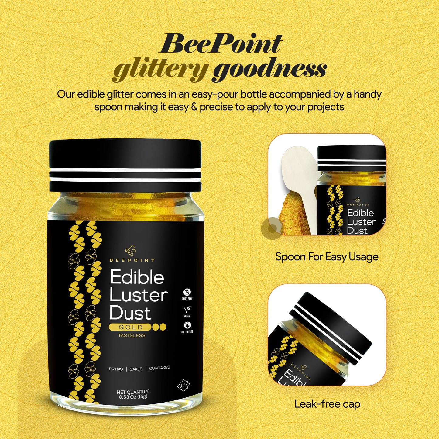BeePoint Gold Edible Luster Dust - Vibrant Shimmer Powder for Baking, Drinks & Cake Decorating - 15g Dust