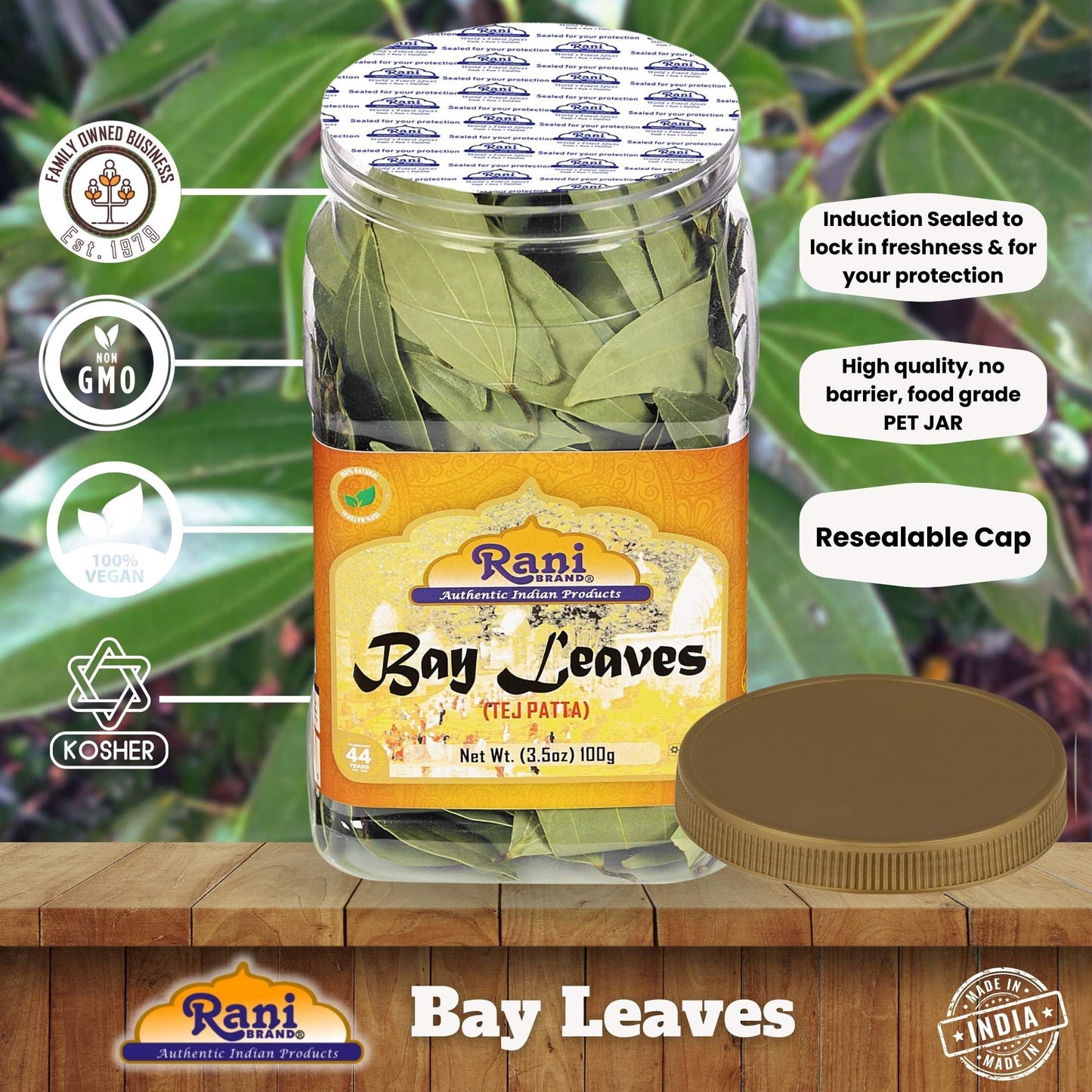 Rani Bay Leaf (Leaves) Whole Spice Hand Selected Extra Large 3.5Oz (100G) Pet Jar ~ All Natural | Gluten Friendly | Non-Gmo | Kosher | Vegan | Indian Origin (Tej Patta)