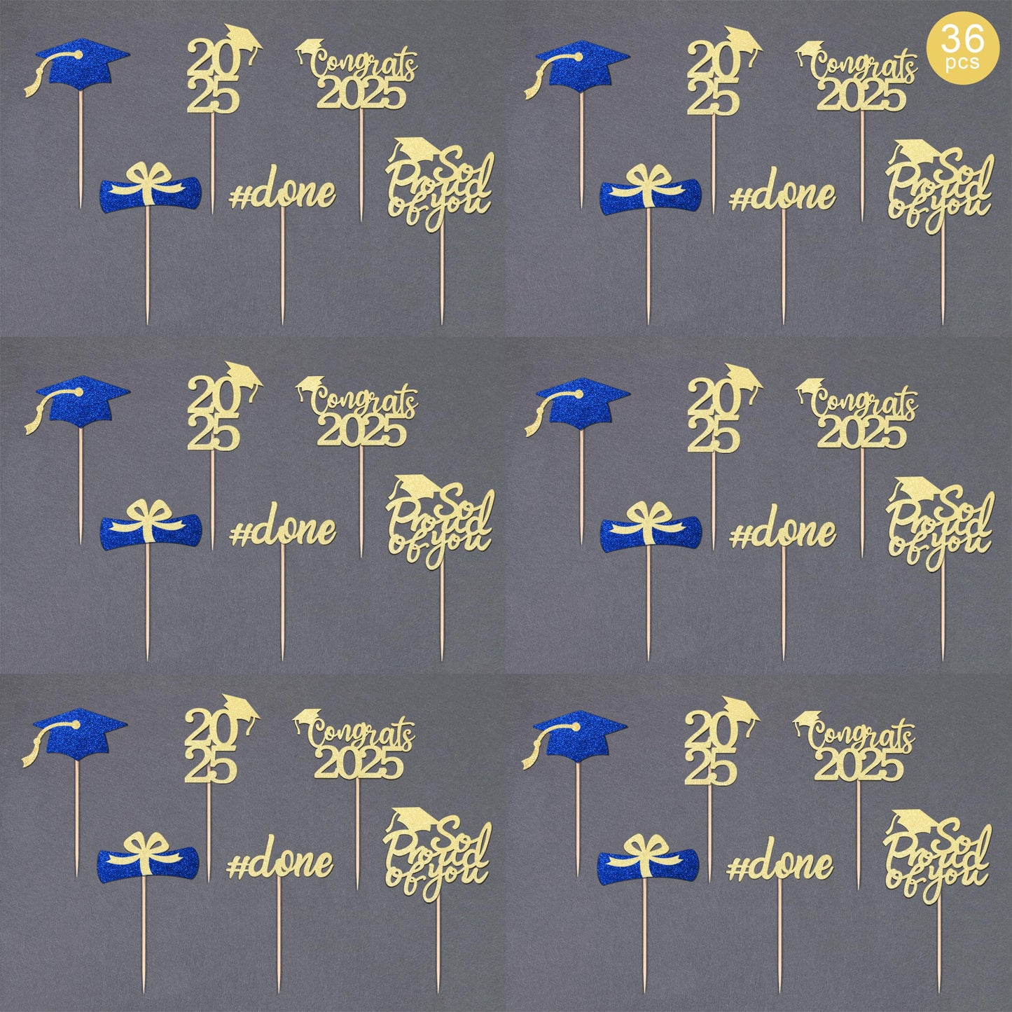 36 Pcs Class Of 2025 Graduation Cupcake Toppers, Gold & Blue Glitter Double-Sided Grad Cap Cake Picks For Party Supplies, 2025 G