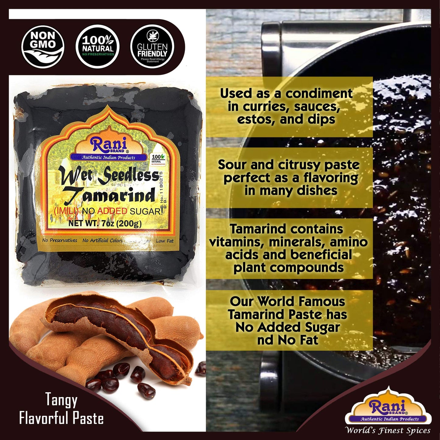 Rani Tamarind, Wet Seedless Block/Slab (Imli) 7Oz (200G) ~ All Natural | No Added Sugar | Vegan | Gluten Free | Non-Gmo | Indian Origin