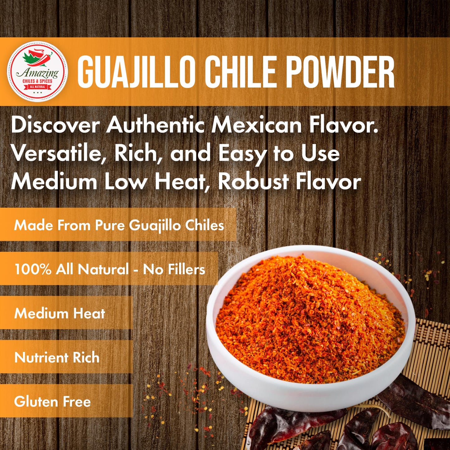 Amazing Chiles & Spices Guajillo Chile Powder Ground - 8oz - Natural, Premium for Chili, Sauces, Stews, Salsa, Meat Rubs