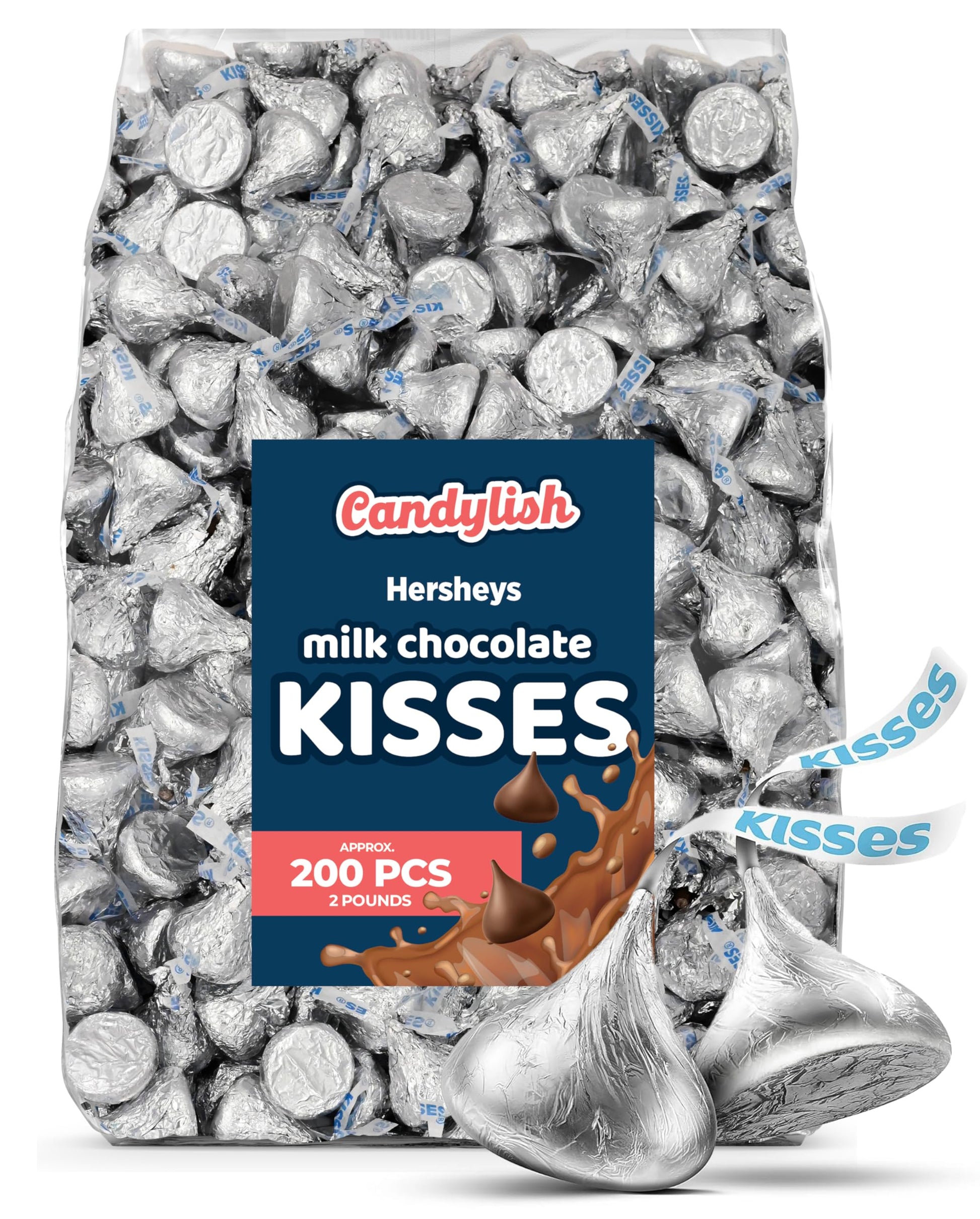 Hershys Kisses Milk Chocolate, Classic Silver Wraps, 2 Pound Bag (Approx. 200 Pieces) - Perfect for Gifts, Parties, and Special 