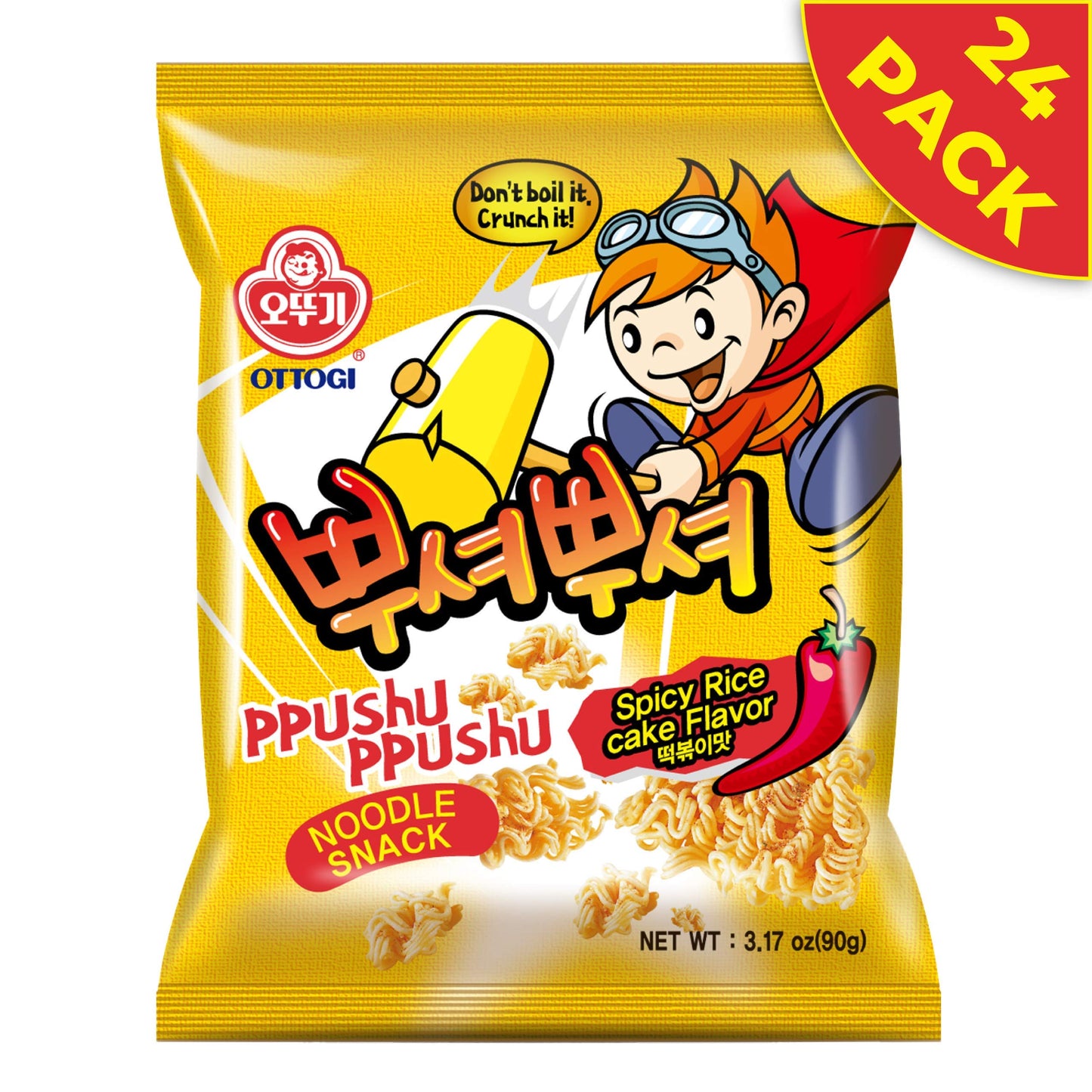 Ottogi Ppushu Ppushu Noodle Snack- Spicy Rice Cake Flavor (90G) - 24 Pack