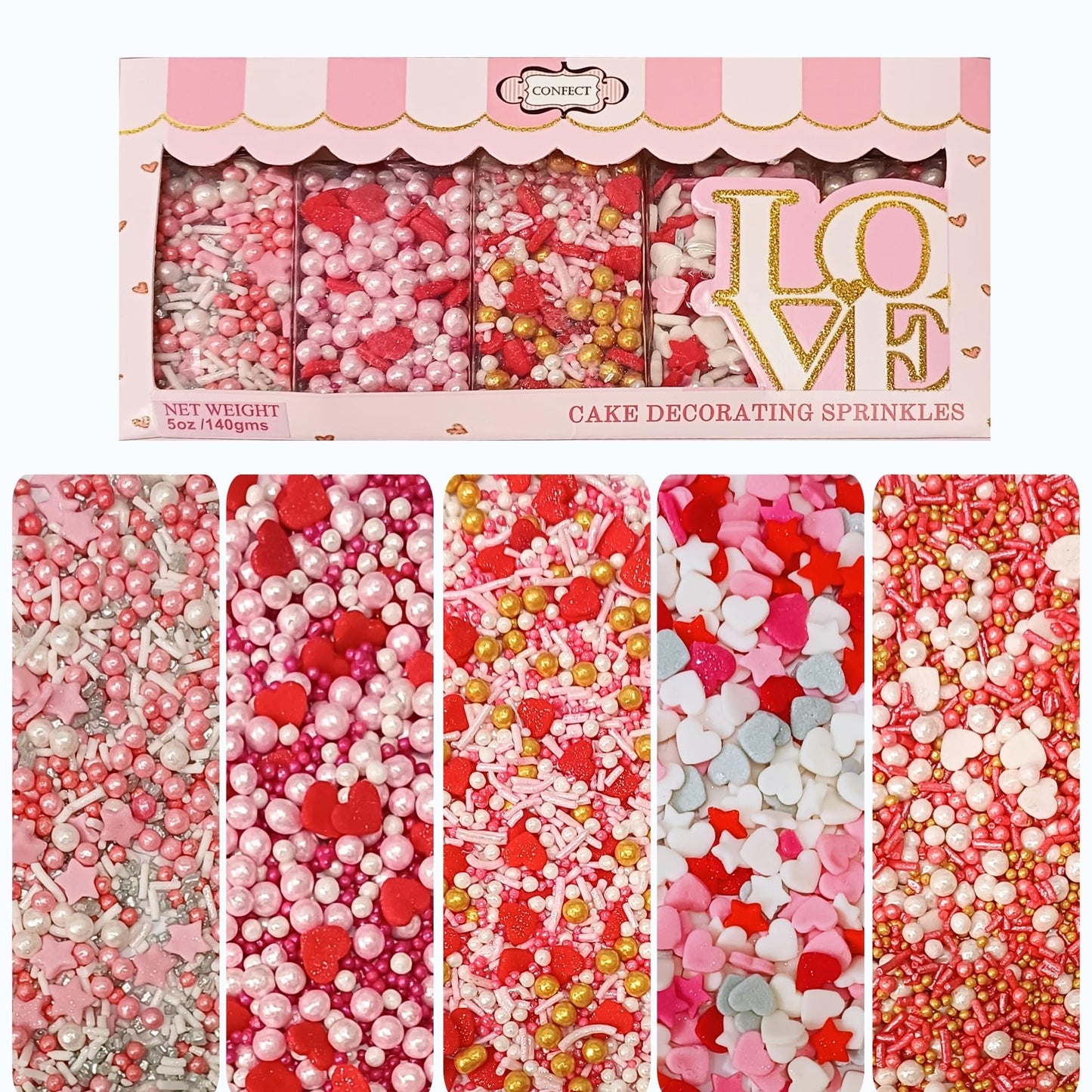 Confect Pink, Red & White Pearls Sprinkles | Mix Hearts Sprinkles | Anniversary Sprinkles for Baking & Cake Decorative | Cookie 