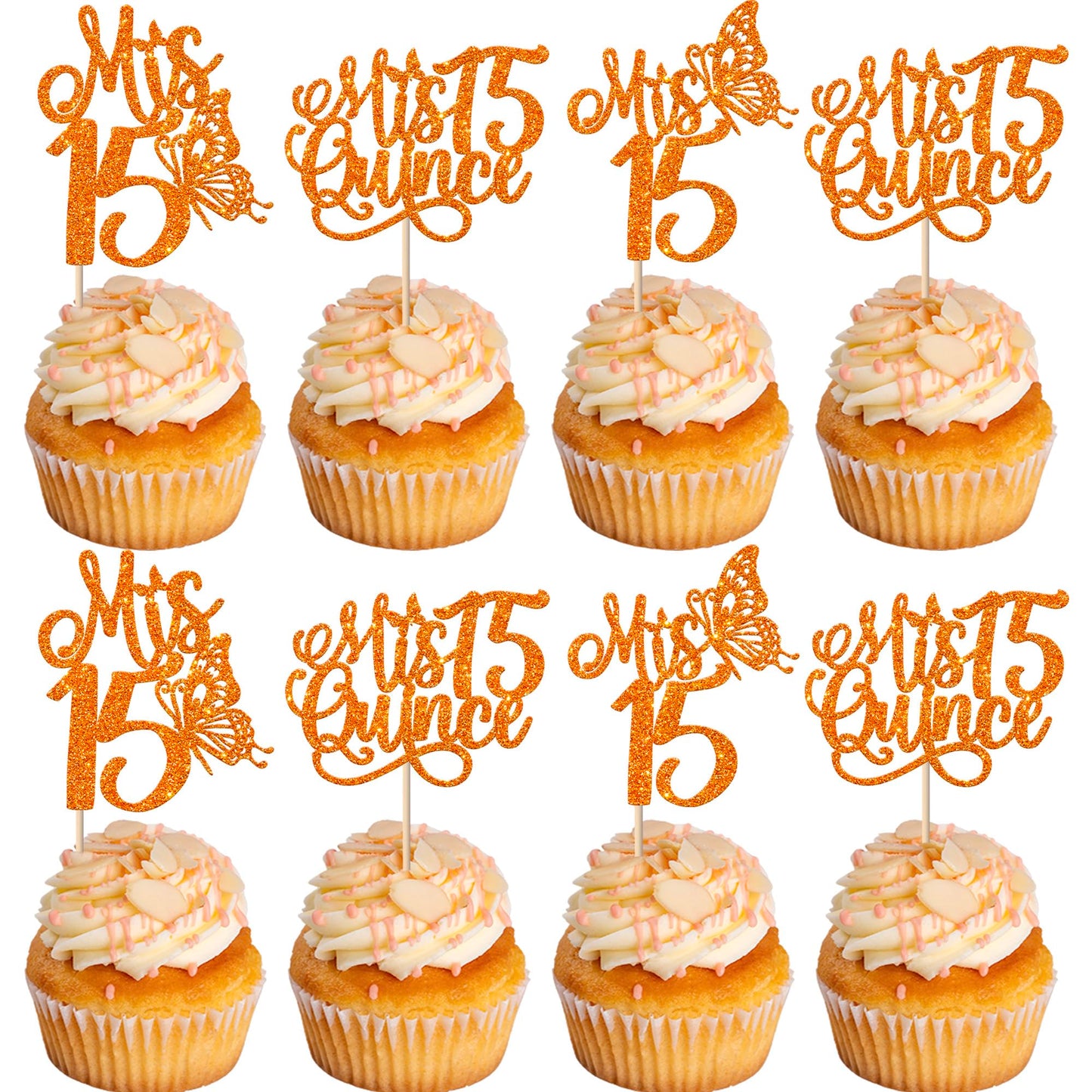 Rsstarxi Cupcake Toppers, 24 Pack, Quinceañera Theme, Orange Design