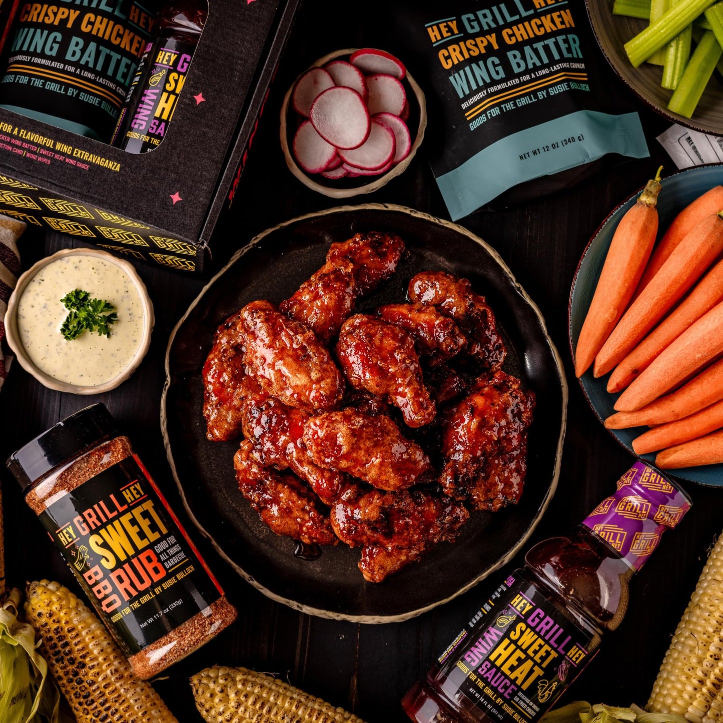 Hey Grill Hey Chicken Wing Seasoning & Sauce Kit - All-in-One BBQ Rub, Sweet Heat Sauce, 54 Ounce