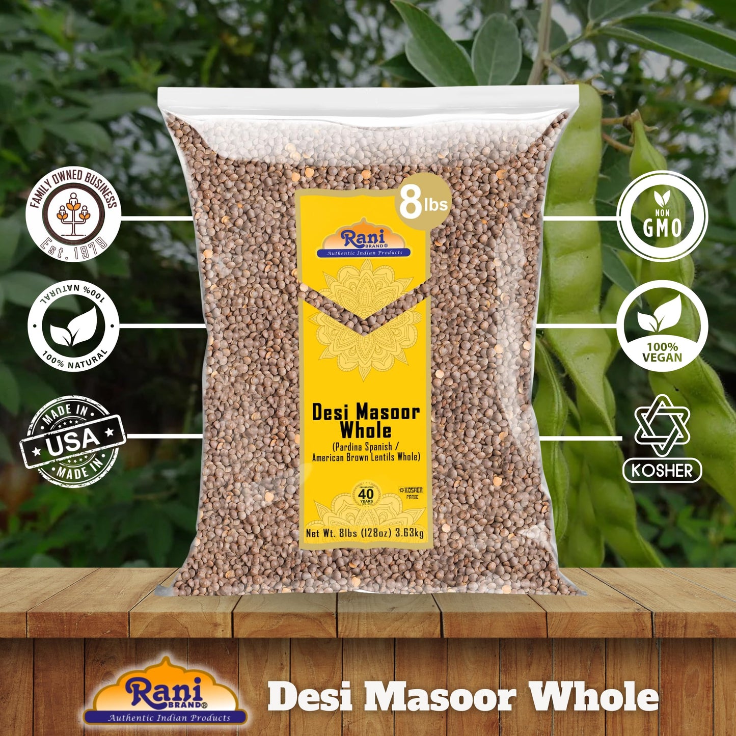 Rani Desi Masoor (Masur) Whole 128Oz (8Lbs) 3.63Kg (Aka. Pardina Spanish/American Brown Lentils Whole) Bulk ~ All Natural | Vega