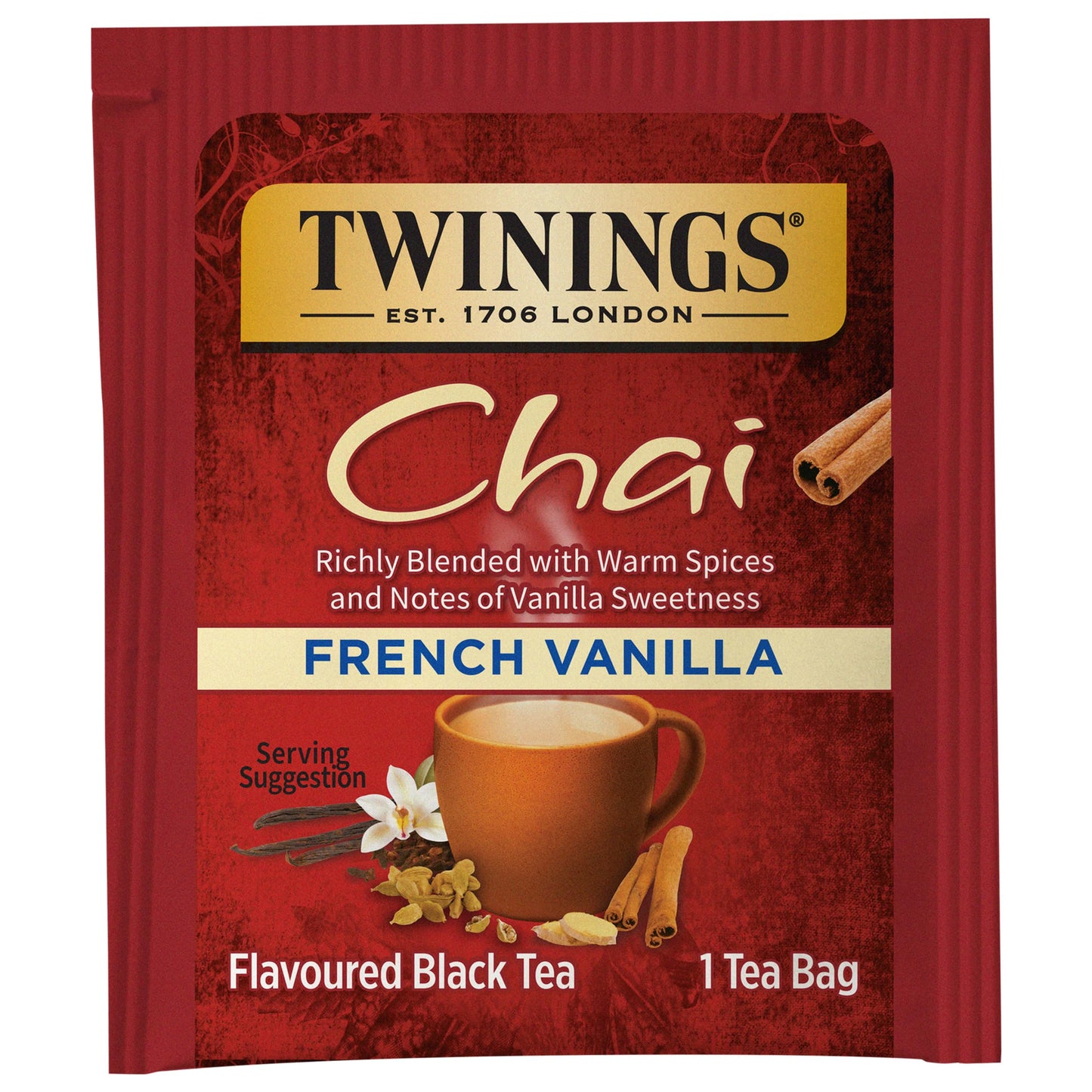 Twinings French Vanilla Chai Black Tea, 20 Count (Pack Of 6), Individually Wrapped Tea Bags, Warm, Sweet & Spicy, Caffeinated, E