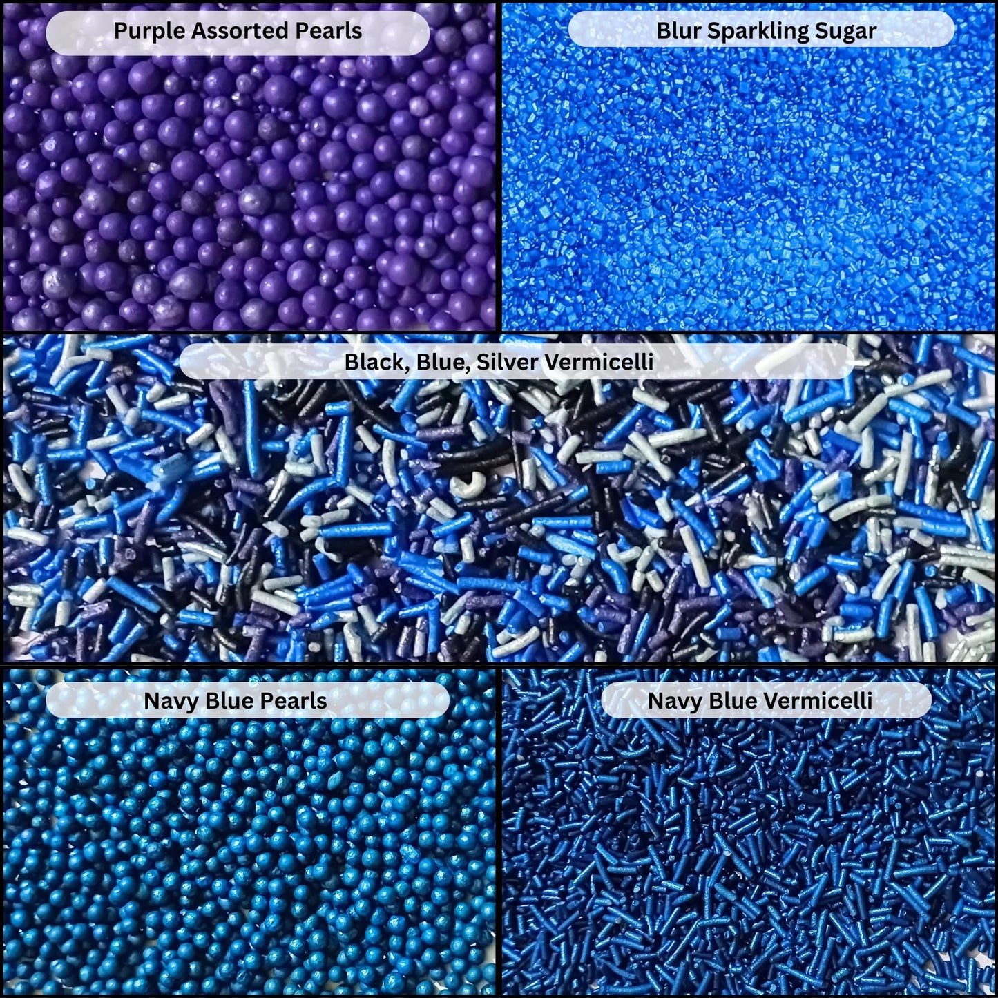 Confect Edible Cake Sprinkles - Decorating Mix | Navy & Blue Purple Pearls, Silver & Black Jimmies, Blue Sparkling Sugar | Sprin