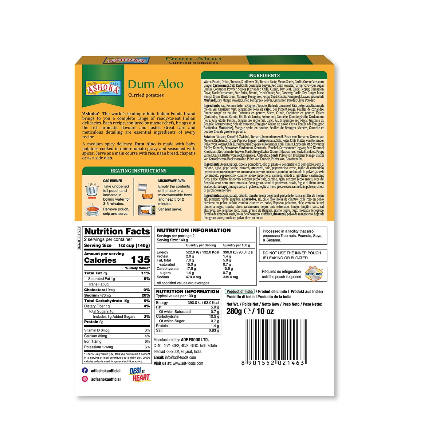 ASHOKA Vegan Potato Curry, Ready to Eat Dum Aloo, Gluten-Free, Kosher Certified, 10 Ounce (Pack of 10)
