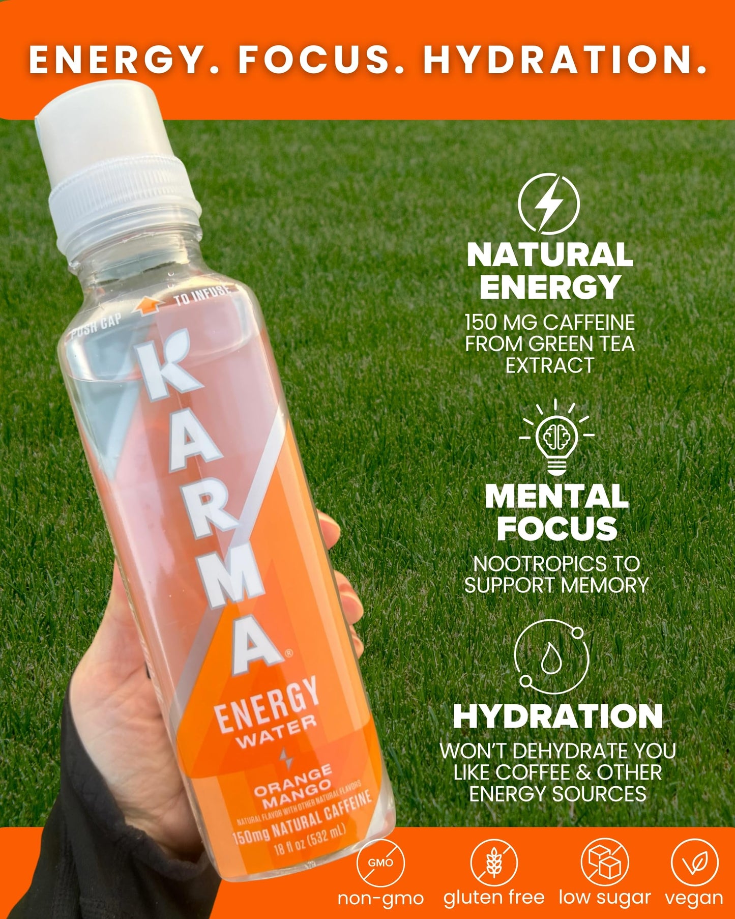 Karma Energy Drink - 12 Pack  Orange Mango Caffeinated Water with Cognizin Nootropics  Vitamins & Immune Support  Low Calorie