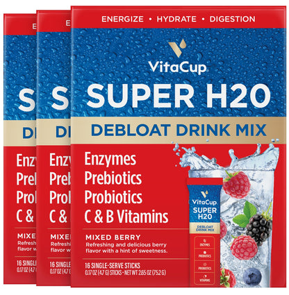 VitaCup Super H2O Bloating Relief and Digestive Health Drink Mix Packets, Probiotics, Prebiotics, C & B Vitamins, Mixed Berry Fl