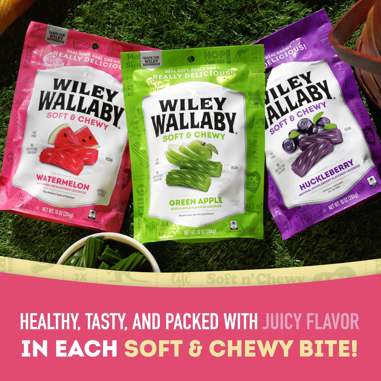 Wiley Wallaby Licorice 10 Ounce Variety Pack - Huckleberry, Apple & Watermelon Classic Gourmet Australian Style Soft & Chewy Lic