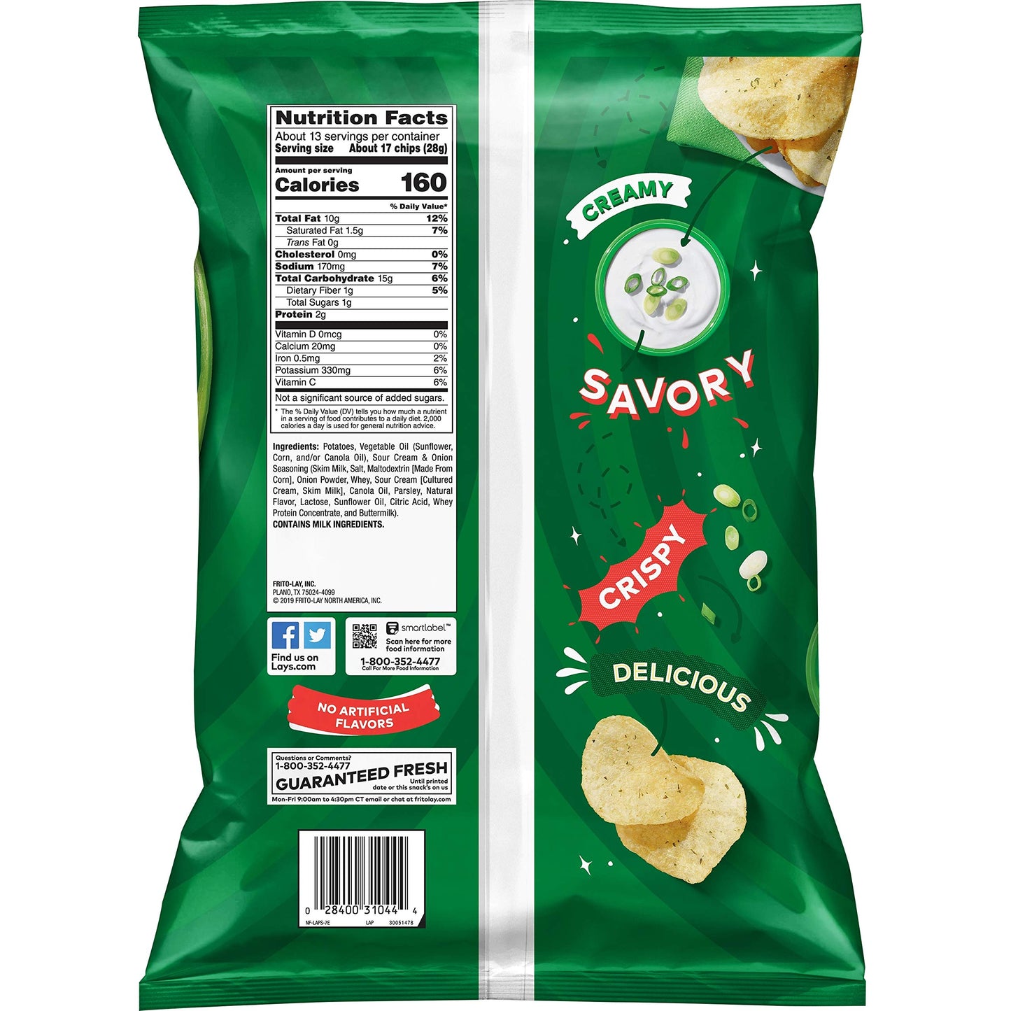 Lays Potato Chips, Sour Cream & Onion Flavored, 12.5 Oz