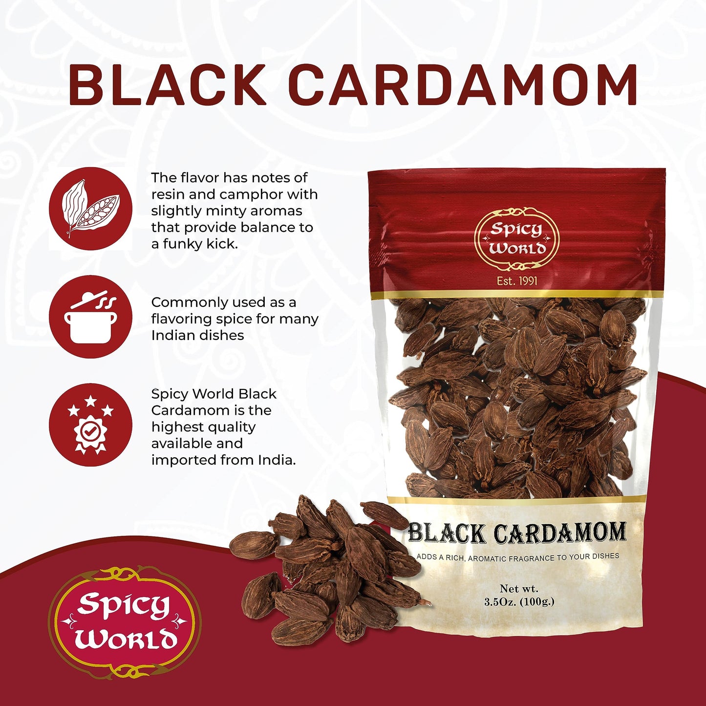 Black Cardamom Pods 3.5 Oz Bag (100Gm) | Whole Kali Elaichi Indian Spice By Spicy World