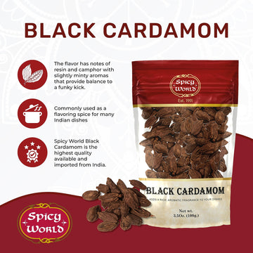 Black Cardamom Pods 3.5 Oz Bag (100Gm) | Whole Kali Elaichi Indian Spice By Spicy World
