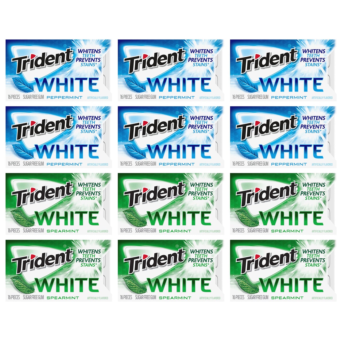 Trident White Sugar Free Gum Variety Pack, Peppermint & Spearmint Flavors, 12 Packs Of 16 Pieces (192 Total Pieces)
