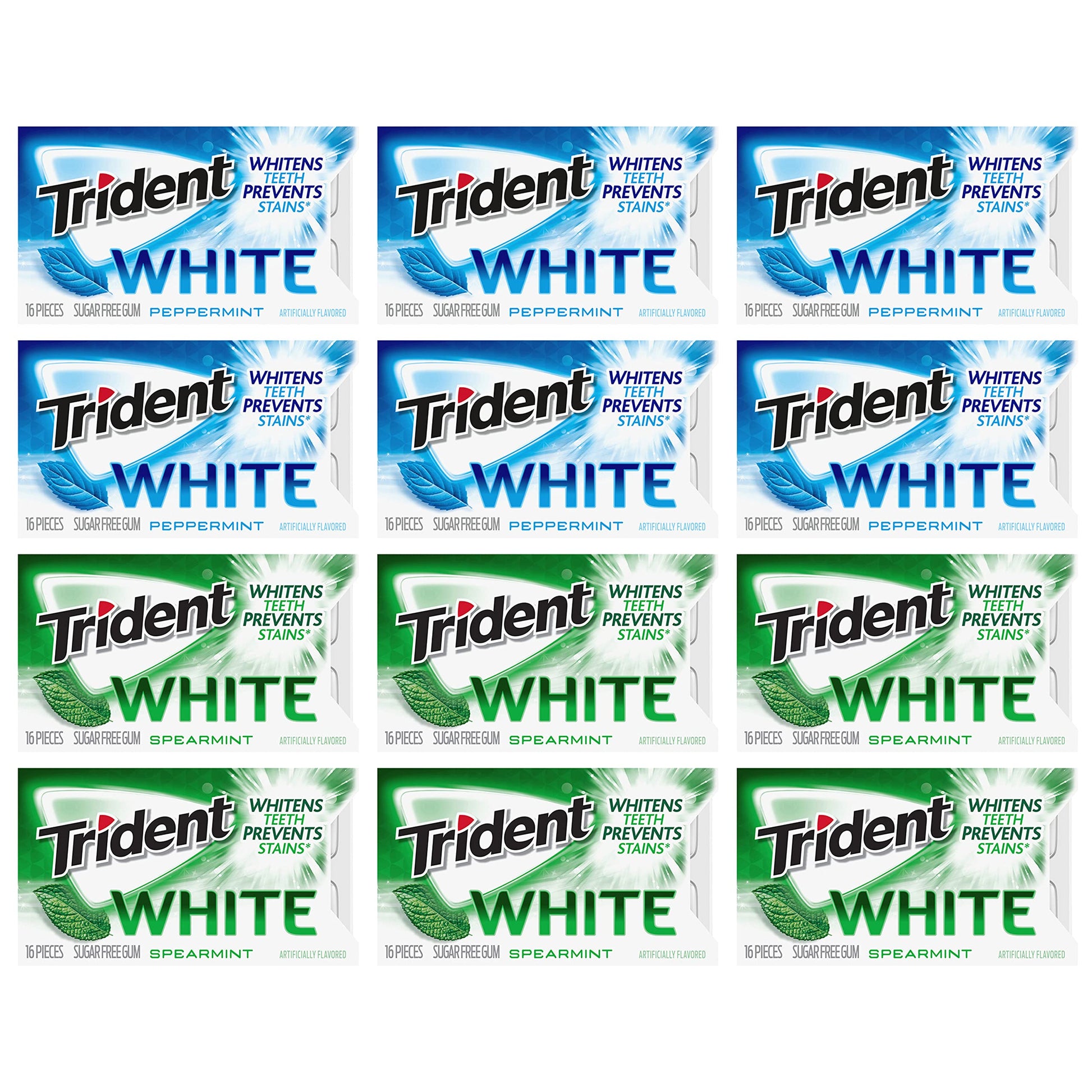 Trident White Sugar Free Gum Variety Pack, Peppermint & Spearmint Flavors, 12 Packs Of 16 Pieces (192 Total Pieces)