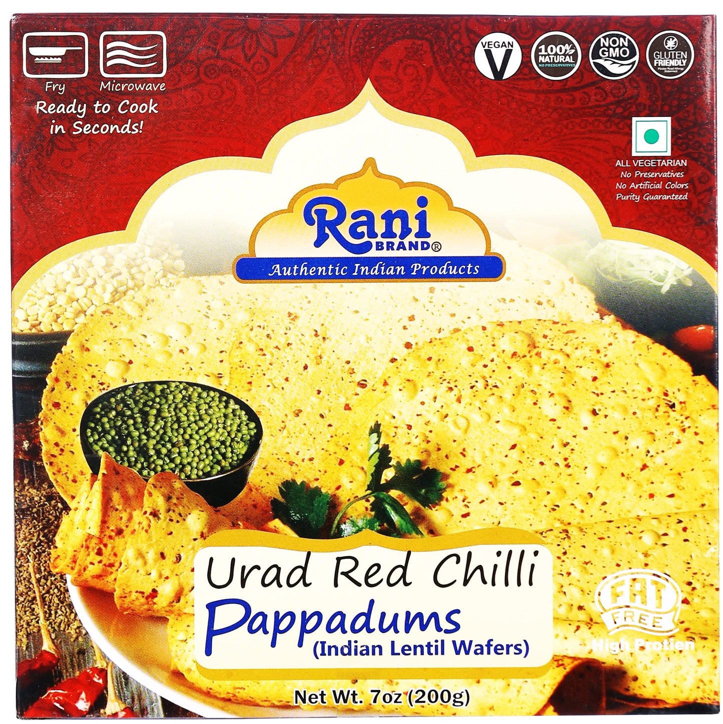 Rani Pappadums (Indian Lentil Wafer Snack) Red Chilli Papad 7oz (200g) Approximately 15pc, 7 inches ~ All Natural | Gluten Frien
