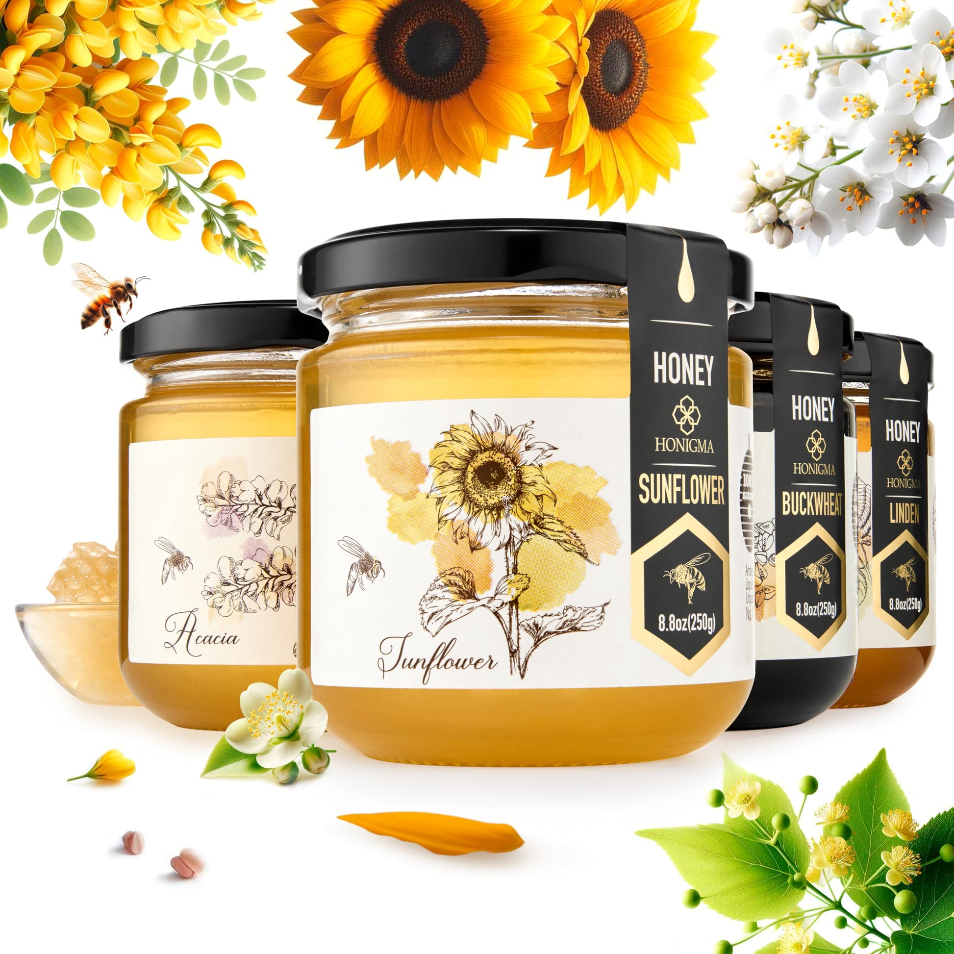 HONIGMA Raw Honey | 100% Pure, Unpasteurized, Unfiltered | 8.8 Fl Oz (Pack of 4)