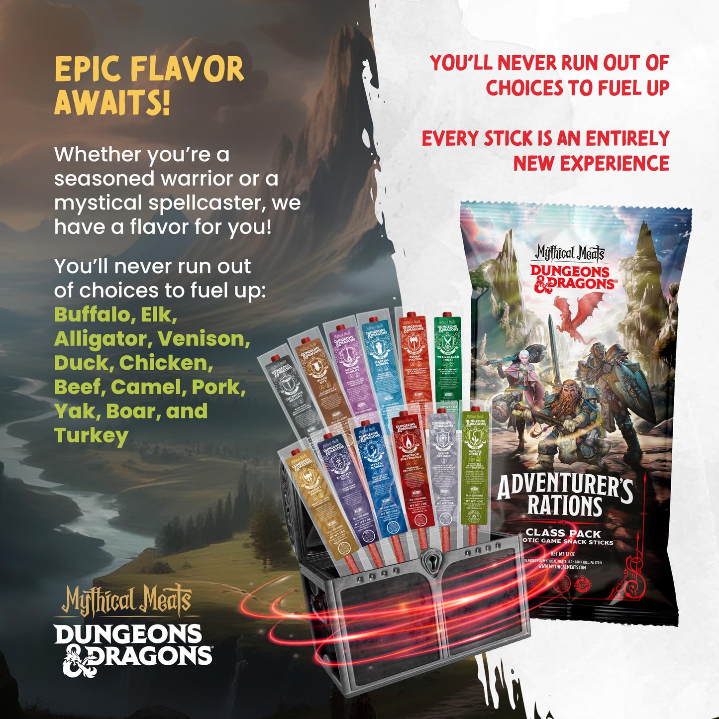 Mythical Meats Dungeons & Dragons Deceptive Delight (Rogue) - 12 Jerky Sticks - Slow Burn Alligator With Beef & Pork Stick, Glut