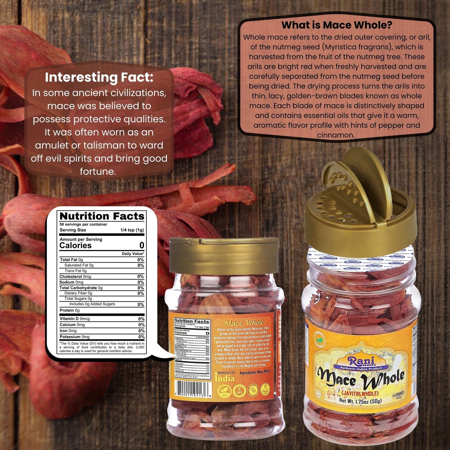 Rani Mace Whole (Javathri) Spice, All Natural, Vegan, 1.75oz (50g) PET Jar, Indian Origin