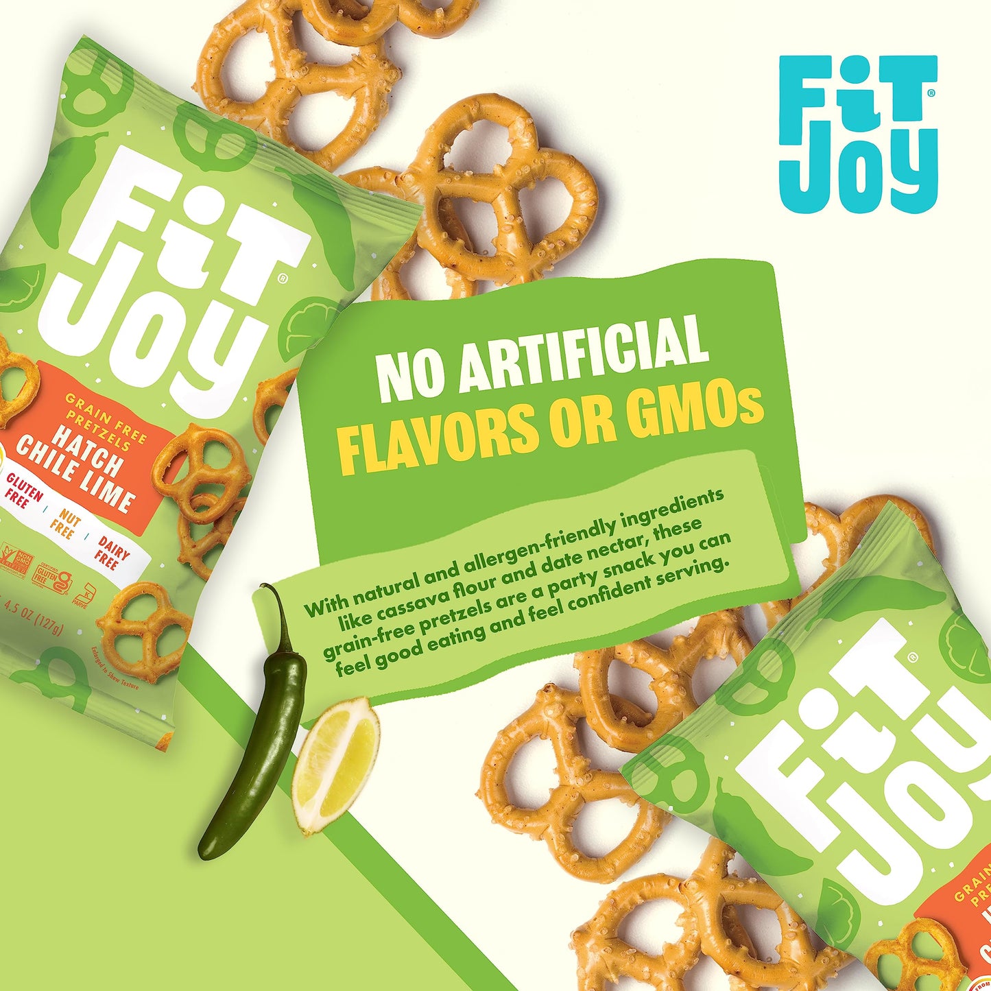 Fitjoy Gluten Free Pretzels, Hatch Chile Lime Twists, Grain Free: Gluten Free Snacks With Made-In-Usa Crispy Crunchiness -Nut Fr