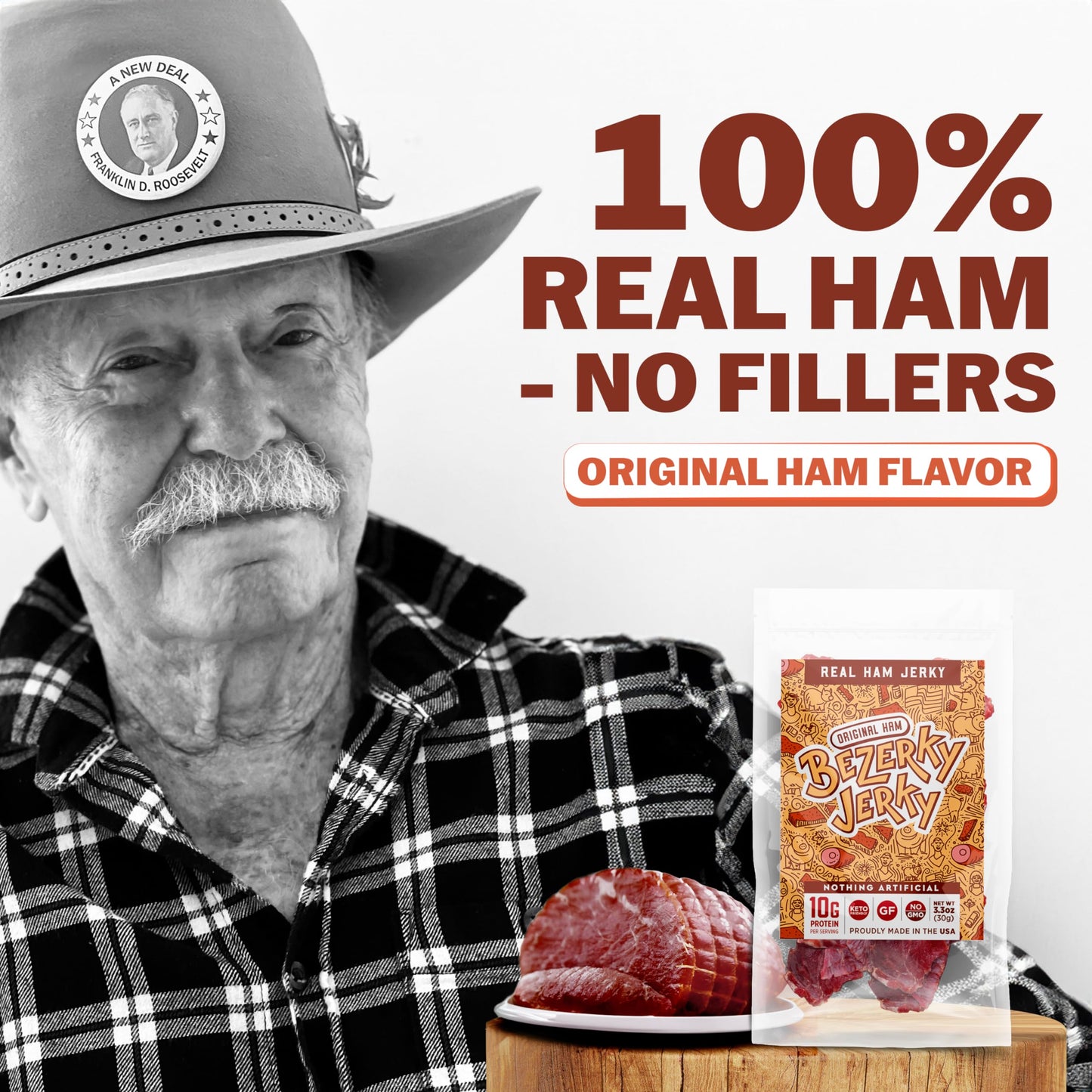 Bezerky Jerky All-Natural Premium Ham Jerky | Keto-Friendly | Made In The Usa | Gluten-Free | Non-Gmo | Low Carbs | High Protein
