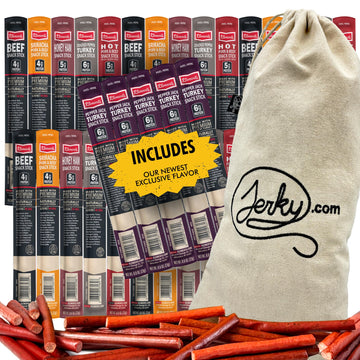Jerky.Com Jerky Gift Basket For Men | 30 Piece Meat Sticks Sampler With Beef Sticks, Pork, Ham, Sriracha, Turkey | High Protein, Low Carb, Keto Friendly Beef Jerky Snack Pack | Christmas Gifts For Men
